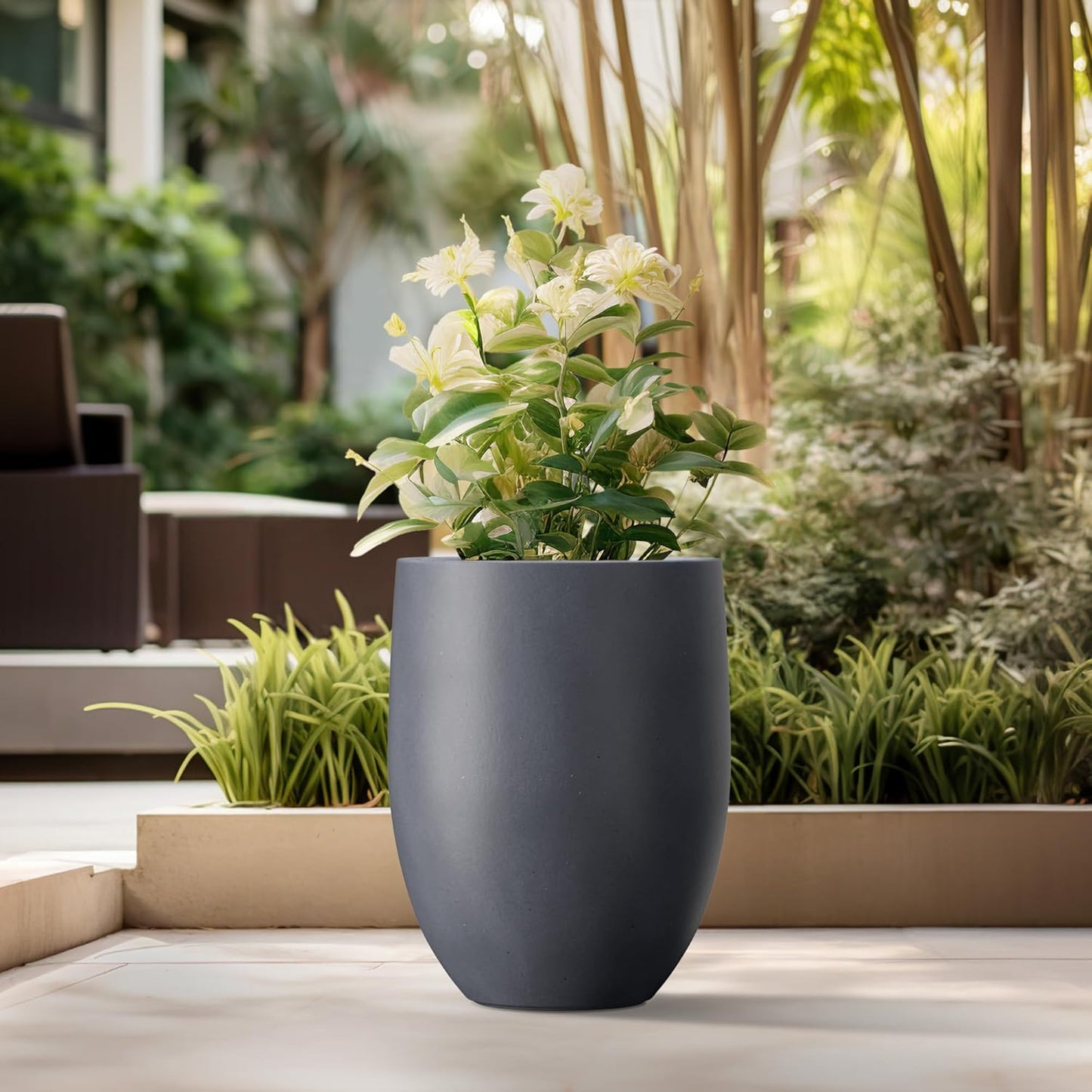 Kante 21.7" H Dark Gray Concrete Tall Planter, Large Outdoor Indoor Decorative Pot with Drainage Hole and Rubber Plug, Modern Round Style for Home and Garden