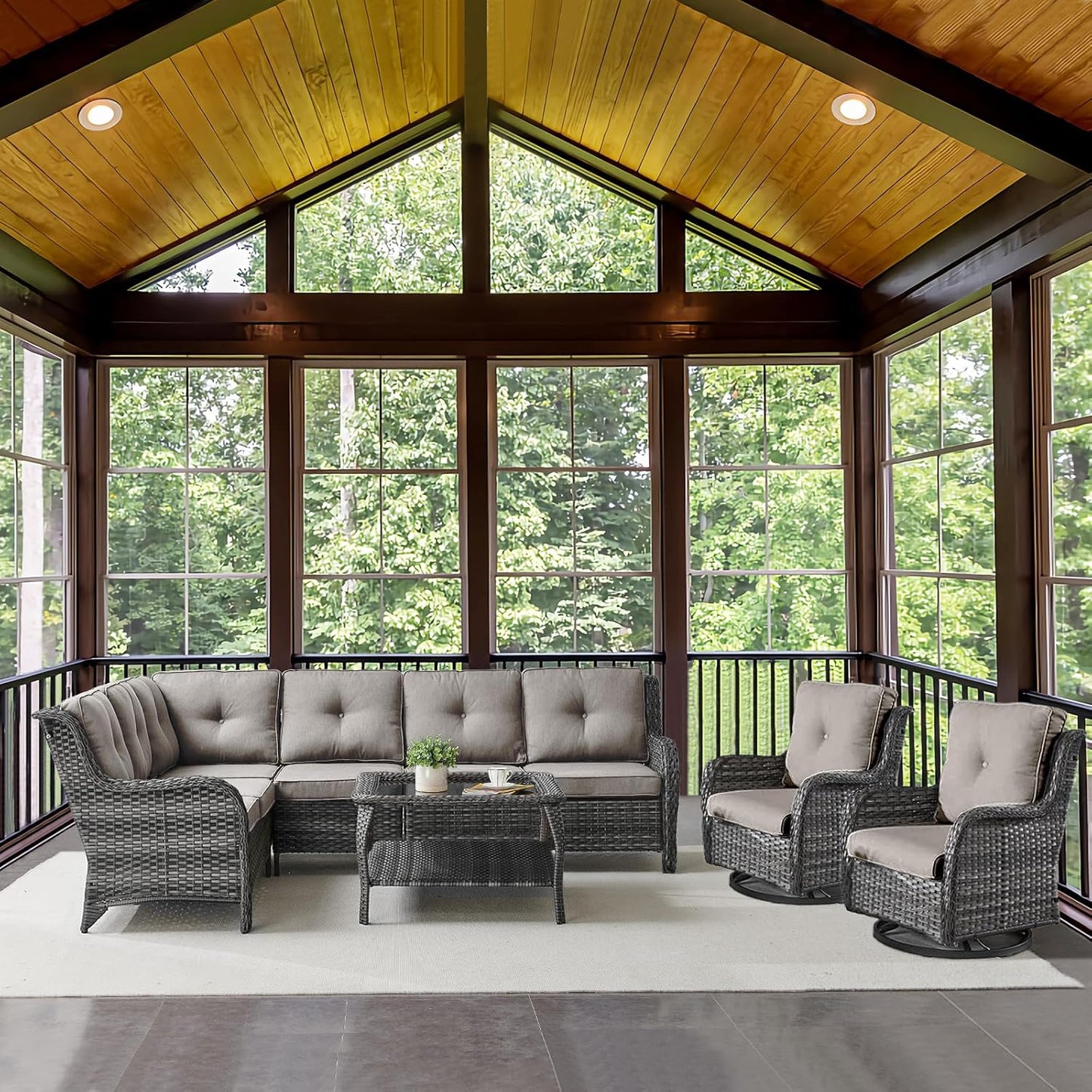 Outdoor Furniture Sectional Sofa L Shaped Couch - Patio Wicker Set with 2 Swivel Glider Chairs, 5 Piece Rattan Patio Conversation Sets with Gray Cushion for Deck Backyard Sunroom