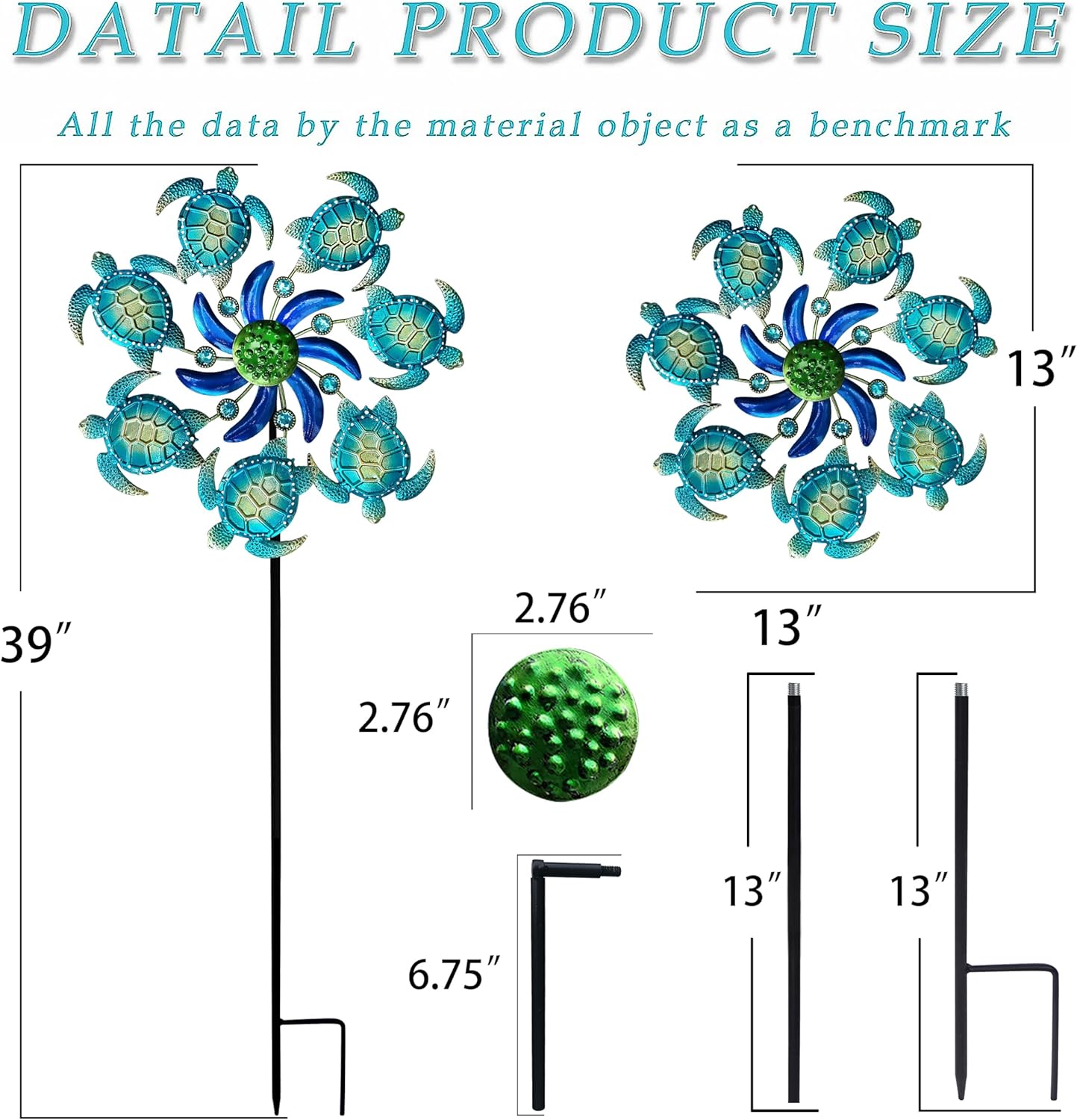 39" Sea Turtle Wind Spinners Garden Stake-Ocean Theme Outdoor Decorations- Metal Stake Yard Spinner-Wind Sculpture Yard Art Decorations for Patio,Swimming,Lawn & Garden Decor