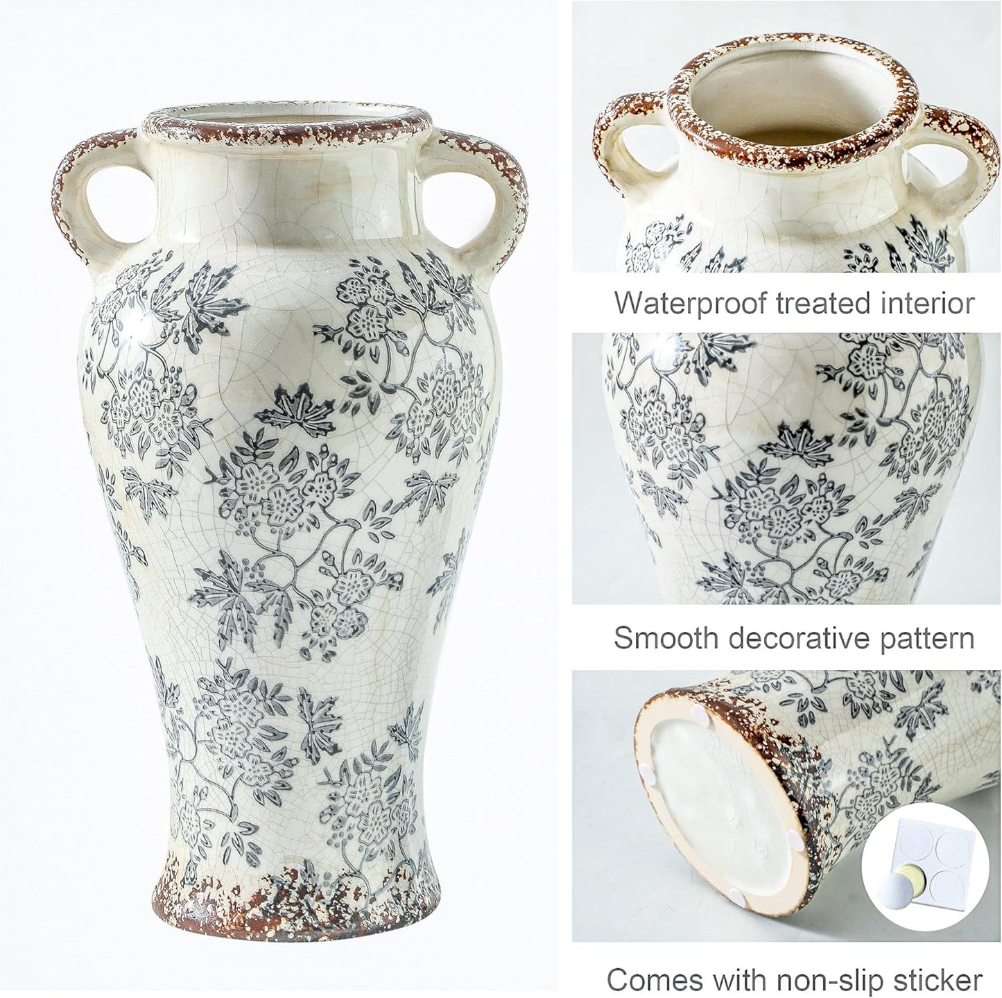 Enra Vintage vase with Handle,12.6 inch Blue and White Ceramic Decorative Flower vase, Chinoiserie Floral Vase,Large Rustic Vases for Home Decors, Living Room, Bookshelf, Office