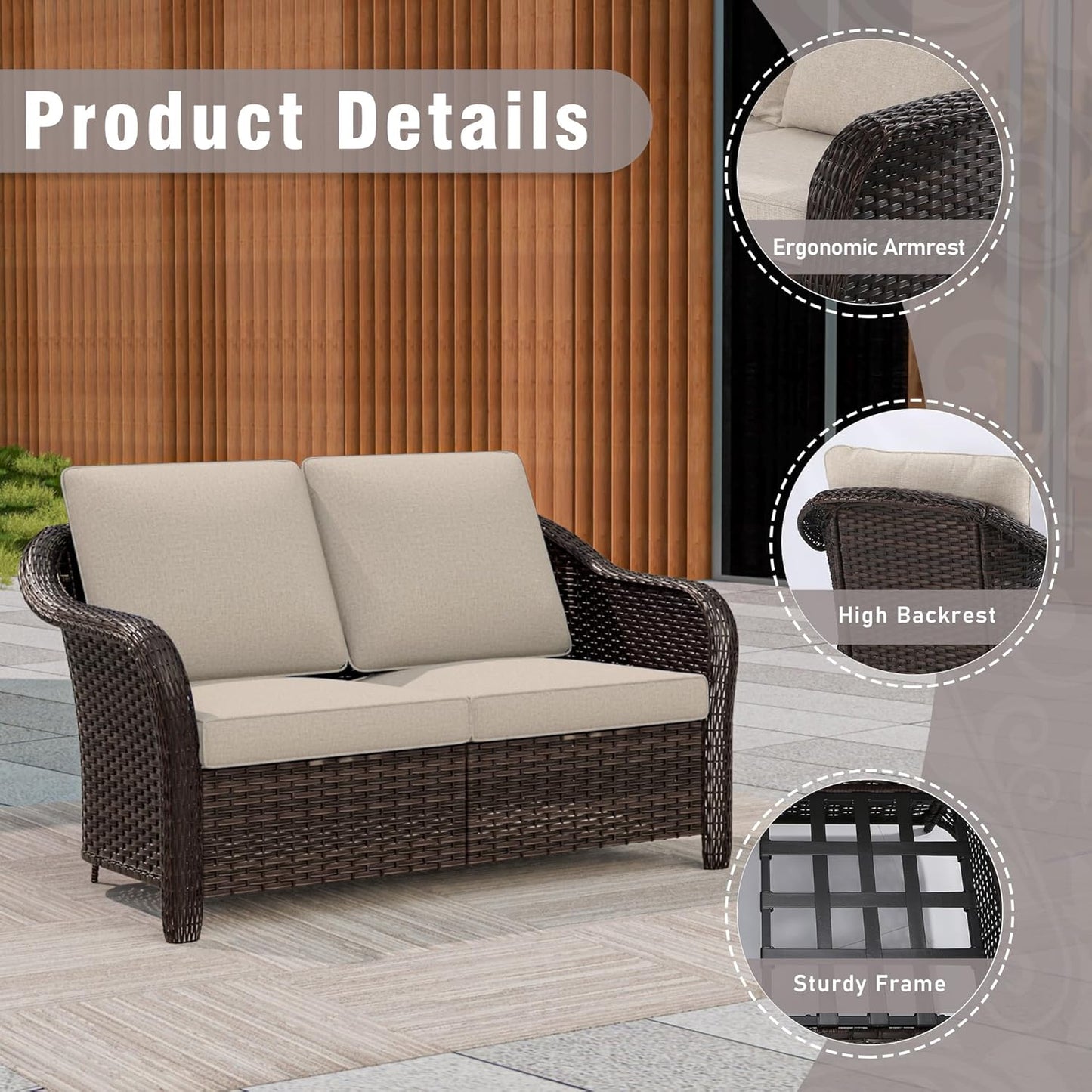 55 inch Outdoor Wicker 2 Seater Sofa, All-Weather Use Patio Rattan Loveseat with Seat and Back Cushion, Ideal for Porch, Backyard, Balcony, Poolside, Beige