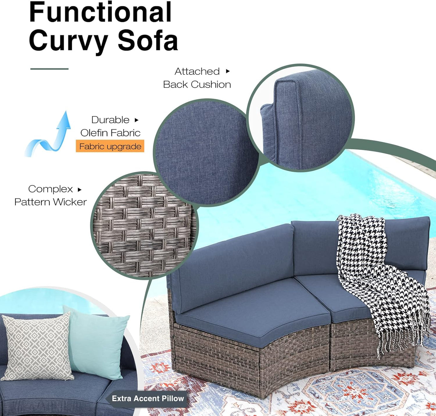 SUNSITT Outdoor Patio Furniture Sectional 7-Piece Half-Moon Curved Outdoor Sofa Set with Round Coffee Table, 4 Pillows & Waterproof Cover, Grey Rattan & Denim Blue Cushion