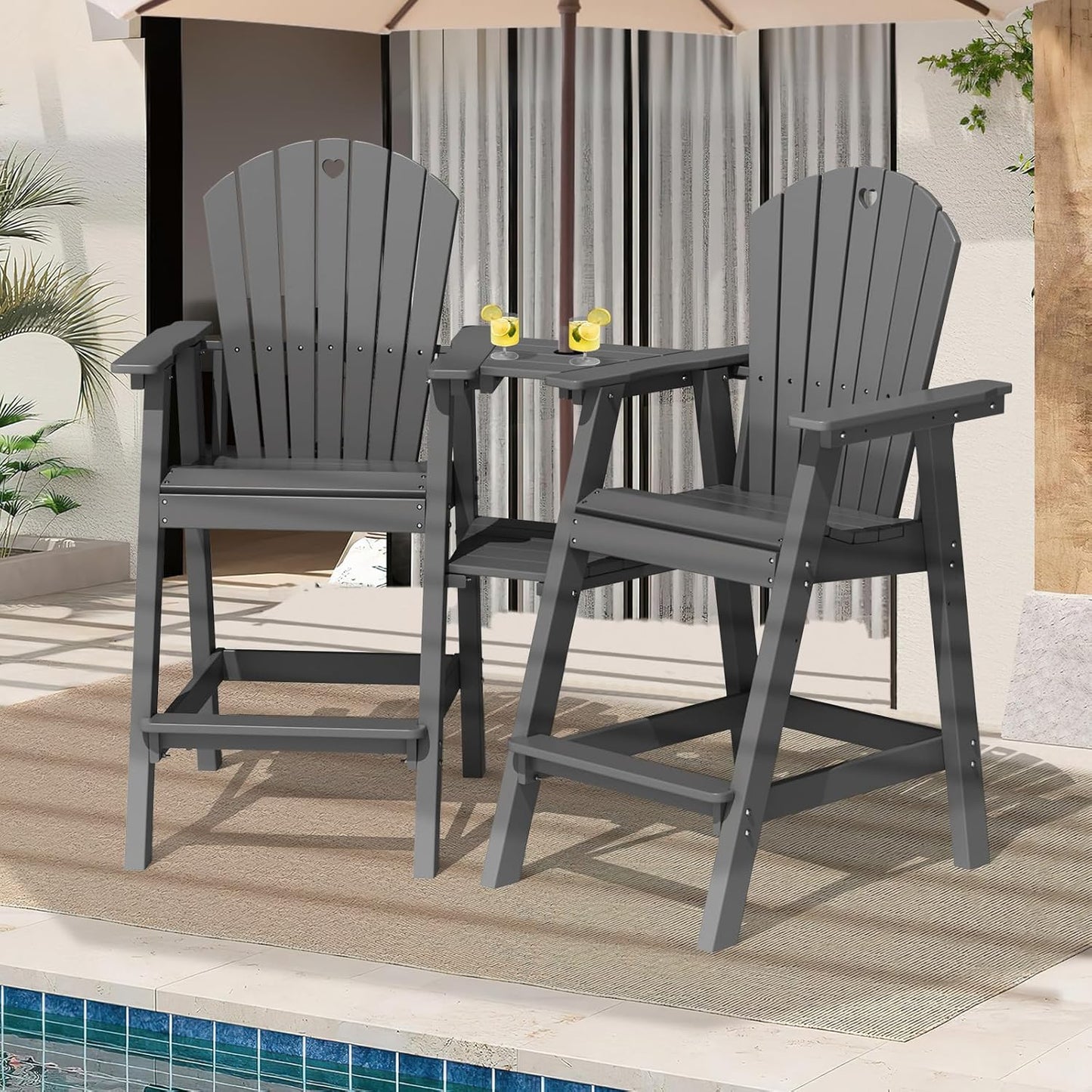 Tall Adirondack Chairs Set of 2-Durable HDPE Outdoor Bar Stools with Double Connecting Tray, Weatherproof Patio Furniture for Poolside, Backyard, Deck & Lawn Relaxation (Gery)