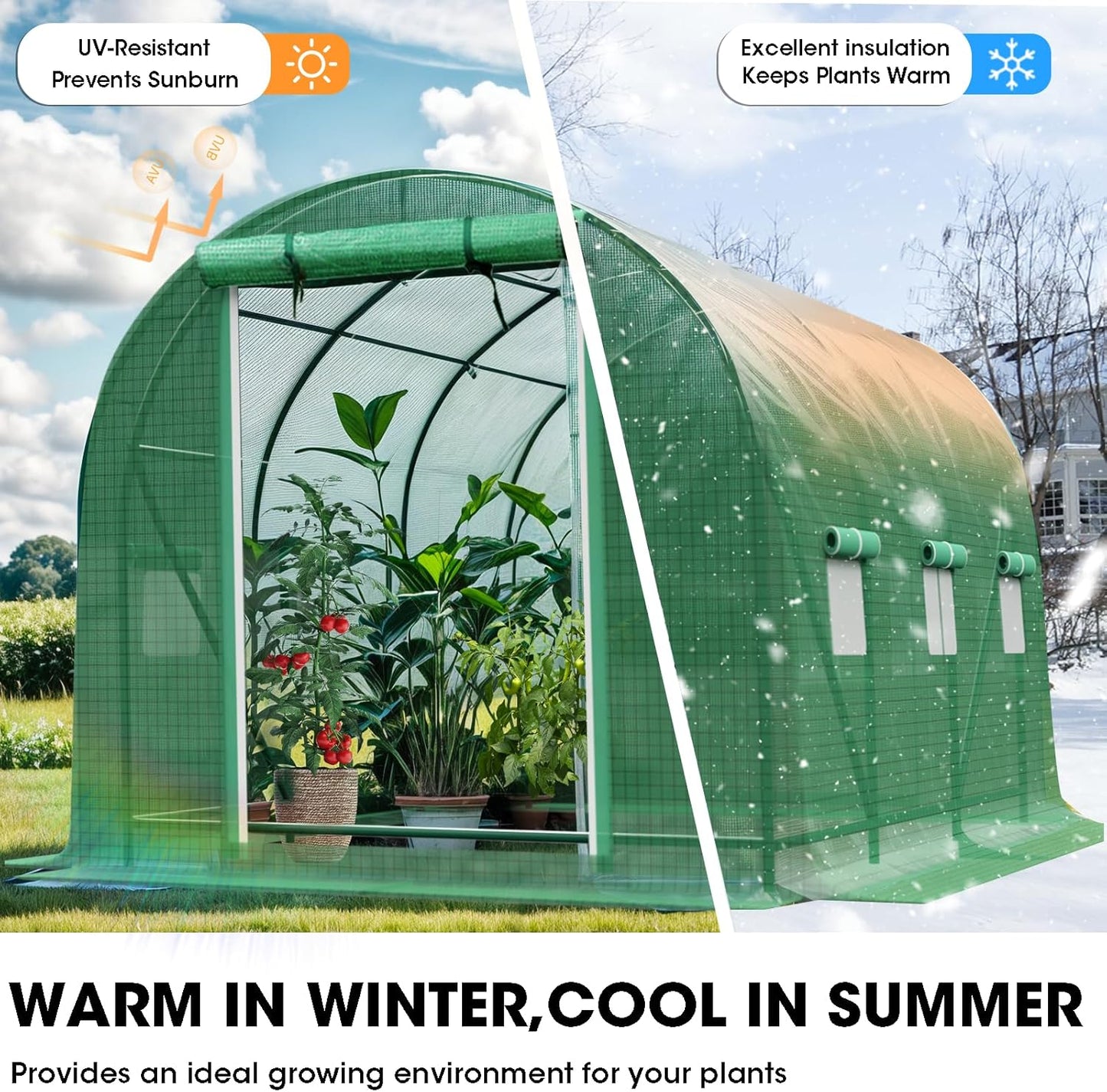 Walk-in Tunnel Greenhouse，Portable Plant Hot Housewith Dual Zippered Screen Doors & 6 Screen Windows Heavy Duty Plastic Plant Warm House with Reinforced Frame (10x10x6.6 FT)