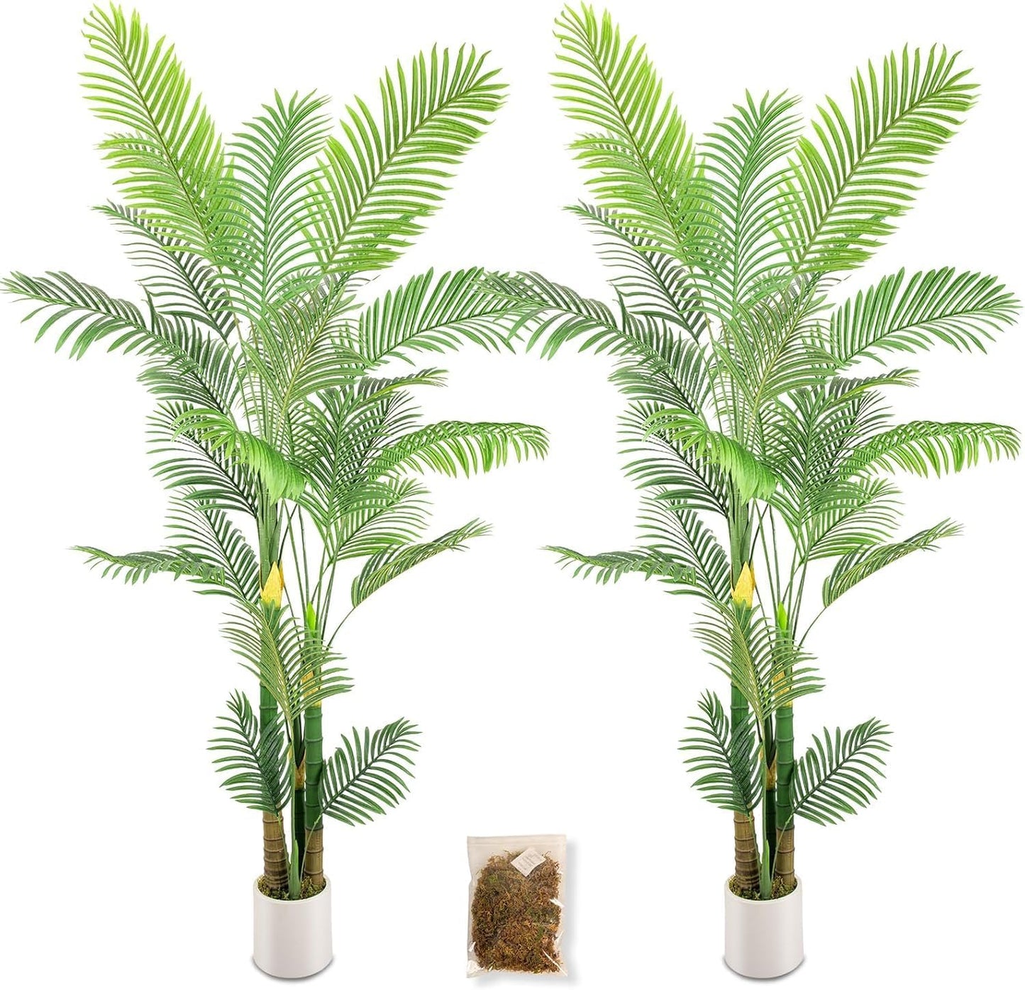 Artificial Fake Palm Tree 8FT 2Pack with White Planter & Free Moss, UV Resistant Artificial Palm Tree for Outdoors, Fake Plants for Poolside Home Room Decor, Faux Plants Outdoor Decor