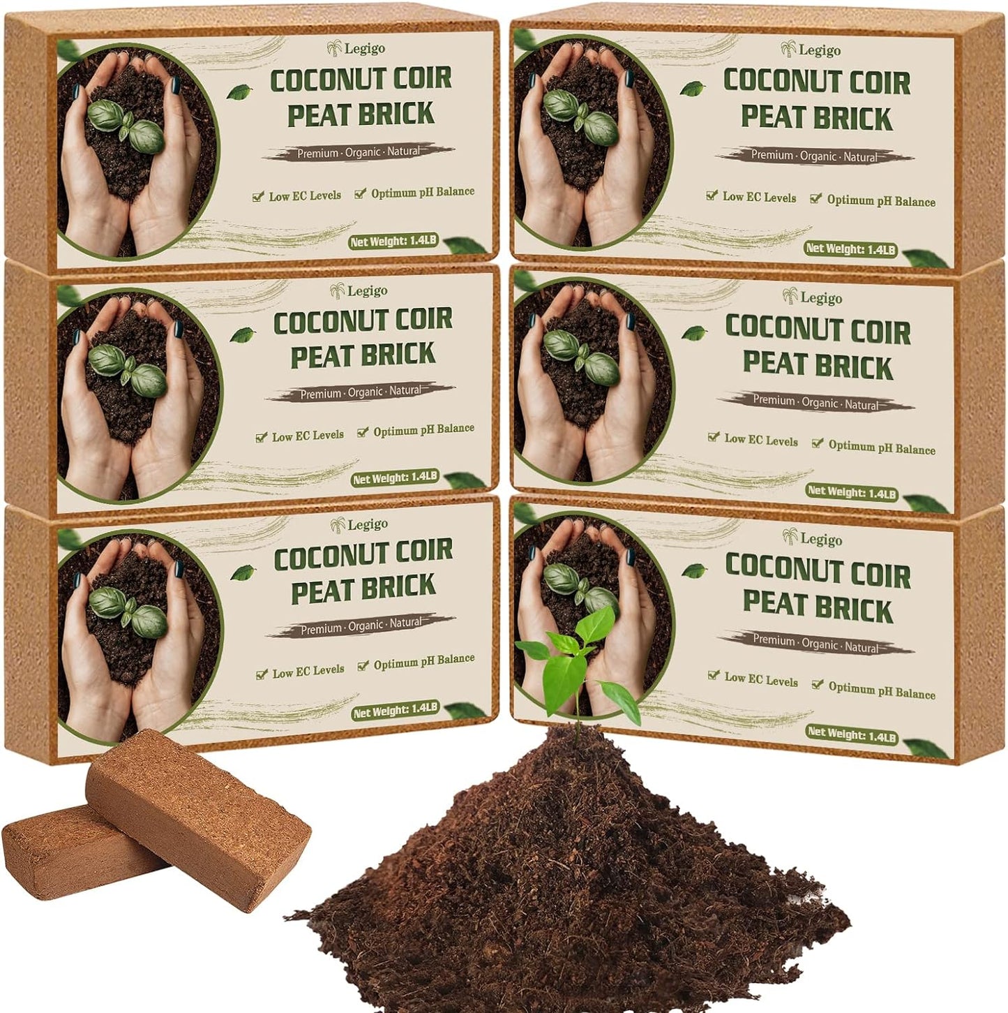 Legigo 6 Pack Premium Coco Coir Brick for Plants- 100% Organic Compressed Coconut Coir Bricks Starting Mix, Coco Coir Fiber Coconut Husk for Planting, Gardening, Potting Soil Substrate, Herbs