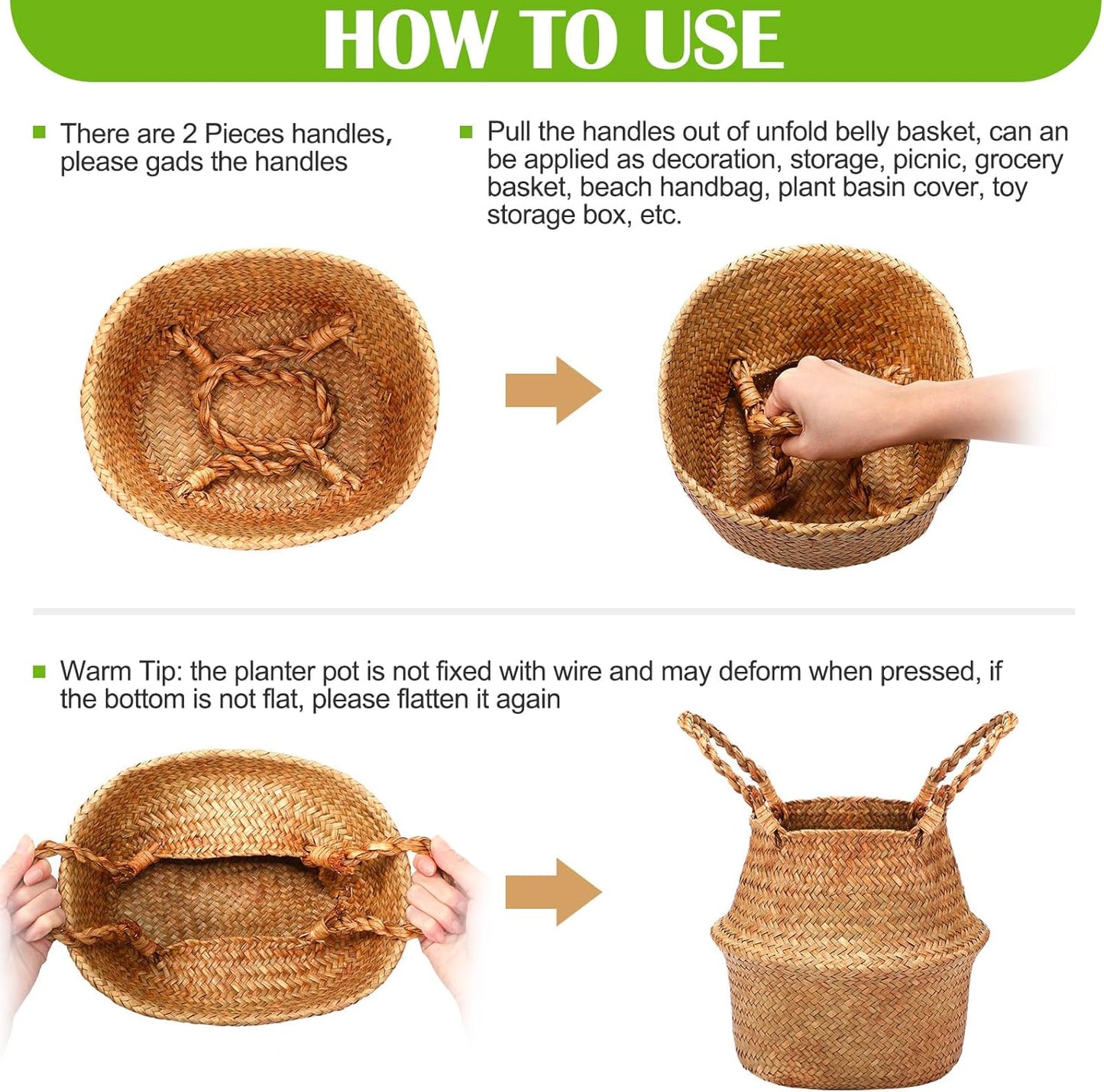 Qunclay Woven Seagrass Baskets Belly Basket Folding Boho Natural Plant Pot with Handles Round Decorative Wicker Large Indoor Planter for Home Outdoor Tree Planters Decor(8.66 x 7.87 Inch, 4 Pcs)