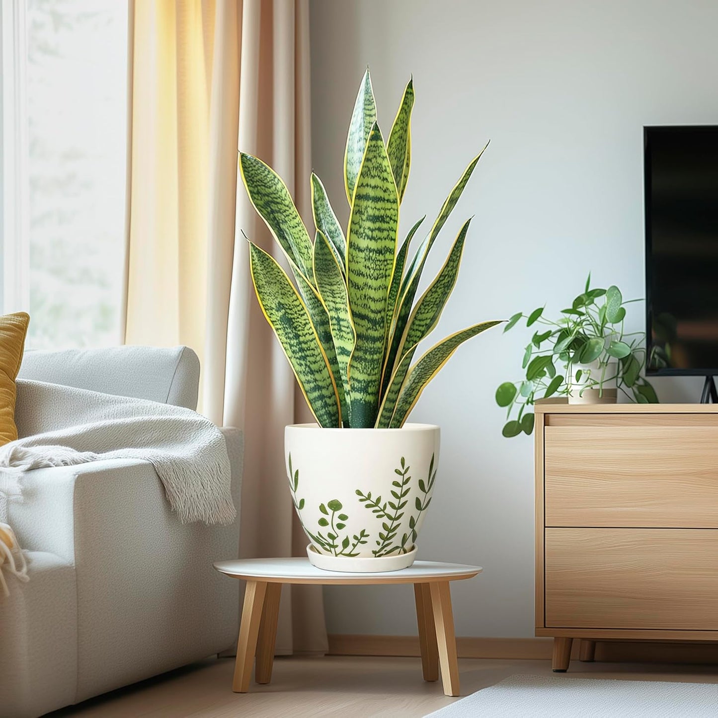 Ceramic Pot for Plants 8.2 Inch - Indoor Plant Pot with Drainage Hole and Saucer, Decorative Boho Round Outdoor Planter, Gardening Gifts for Women Men, Room Patio Office Home Decor, White