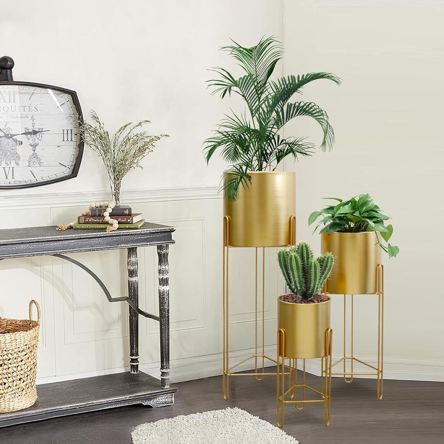 TRIROCKS Set of 3 Large Planters with Stand Gold Planter for Indoor Plants 29 &22 &12" Tall Morden Metal Plant Pots for Living Room Corner Kitchen Office Garden Balcony Patio Decor