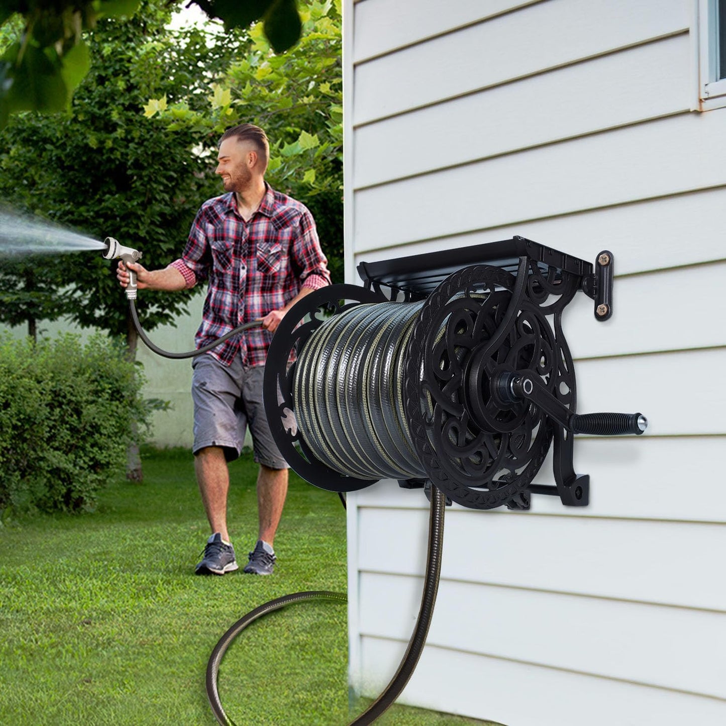Metal Decorative Garden Hose Reel, Heavy Duty Hose Holder for Outside, Aluminum Frame, No-Leak Aluminum Water System, Easy Assmbly, Wall Mount, Holds 135 ft x 5/8" Hose Storage, Dark Bronze