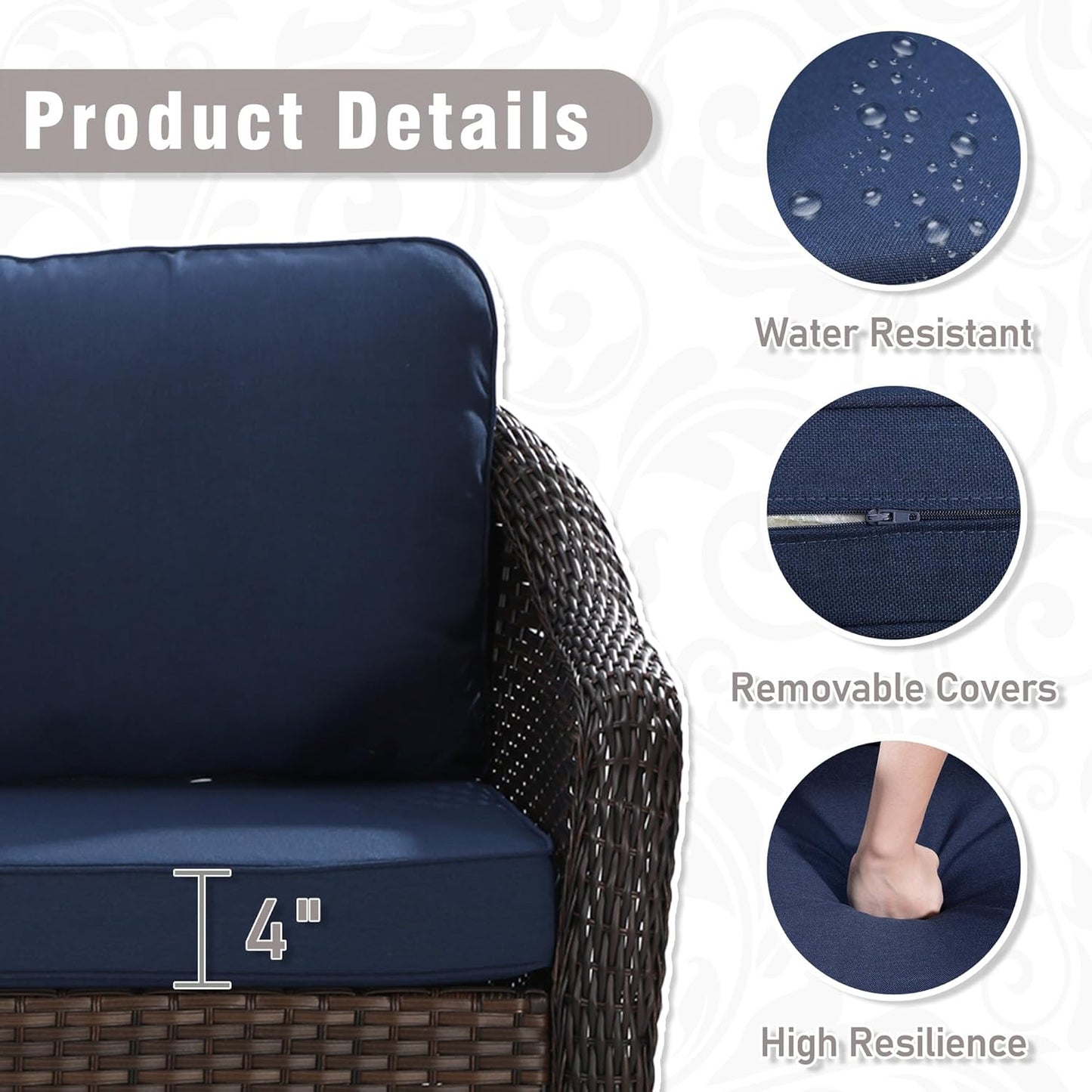 3 Piece Patio Wicker Conversation Set, All-Weather Use Outdoor Wicker Sofa with 2 PE Rattan Chair, Ideal for Porch, Backyard, Balcony, Poolside, Blue