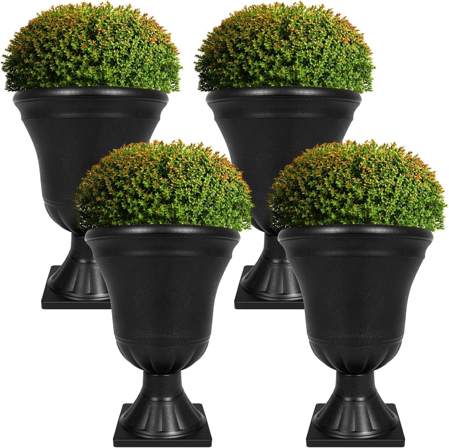 Dandat 4 Pack Large Outdoor Urn Planter 22 inch Tall Plastic Planter for Front Proch Classic Vase Decorative Garden Pot for Indoor Outdoor Door Patio Deck Decor(Black)