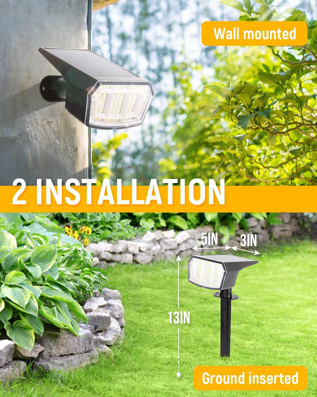 Solar Spot Lights Outdoor Waterproof Landscape Spotlights 63 LEDs 3 Lighting Modes IP65 Solar Spot Lights for Outside, House, Garge, Backyard, Garden-2 Pack Cool White