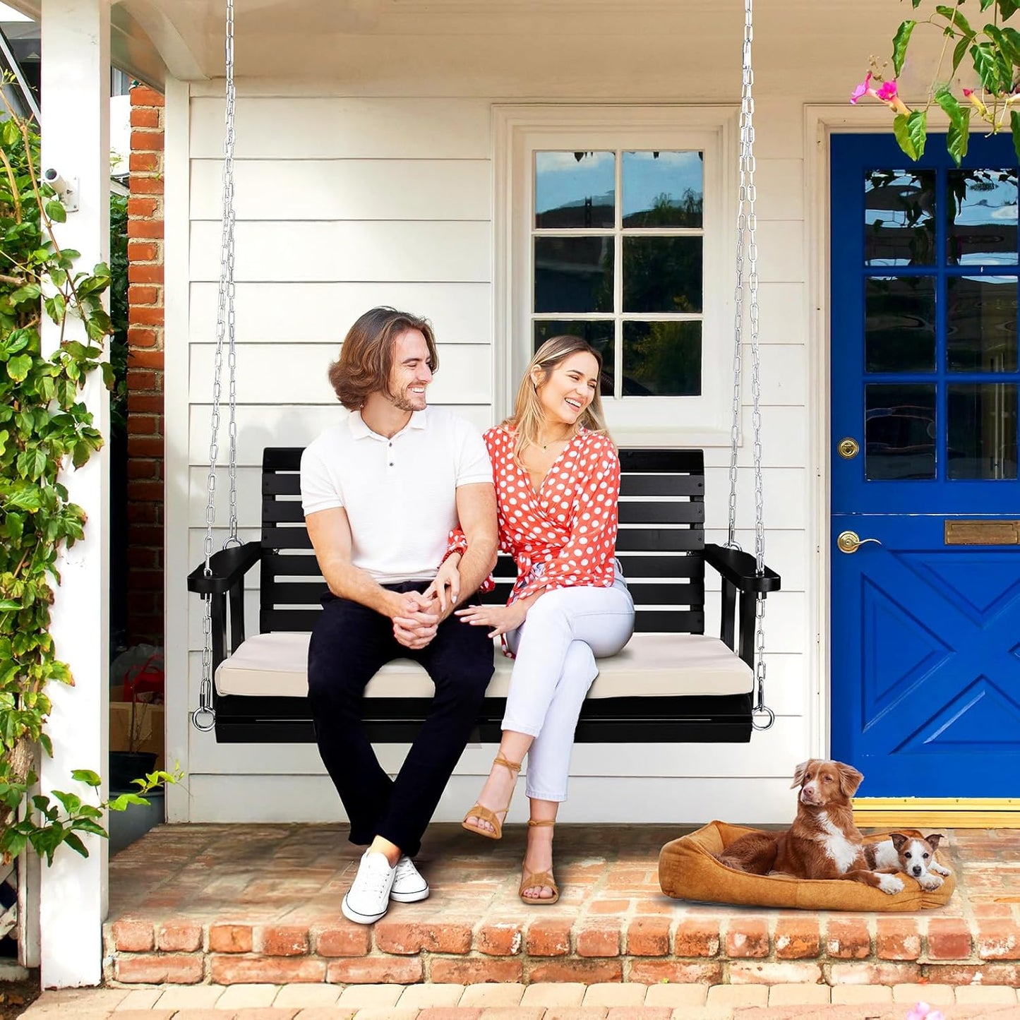 VINGLI Outdoor 4 FT Porch Swing, Heavy Duty 880 LBS Wooden Patio Swings with Cushions, Farmhouse Style Hanging Bench with Adjustable Chains for Yard | Garden | Lawn | Balcony, Black