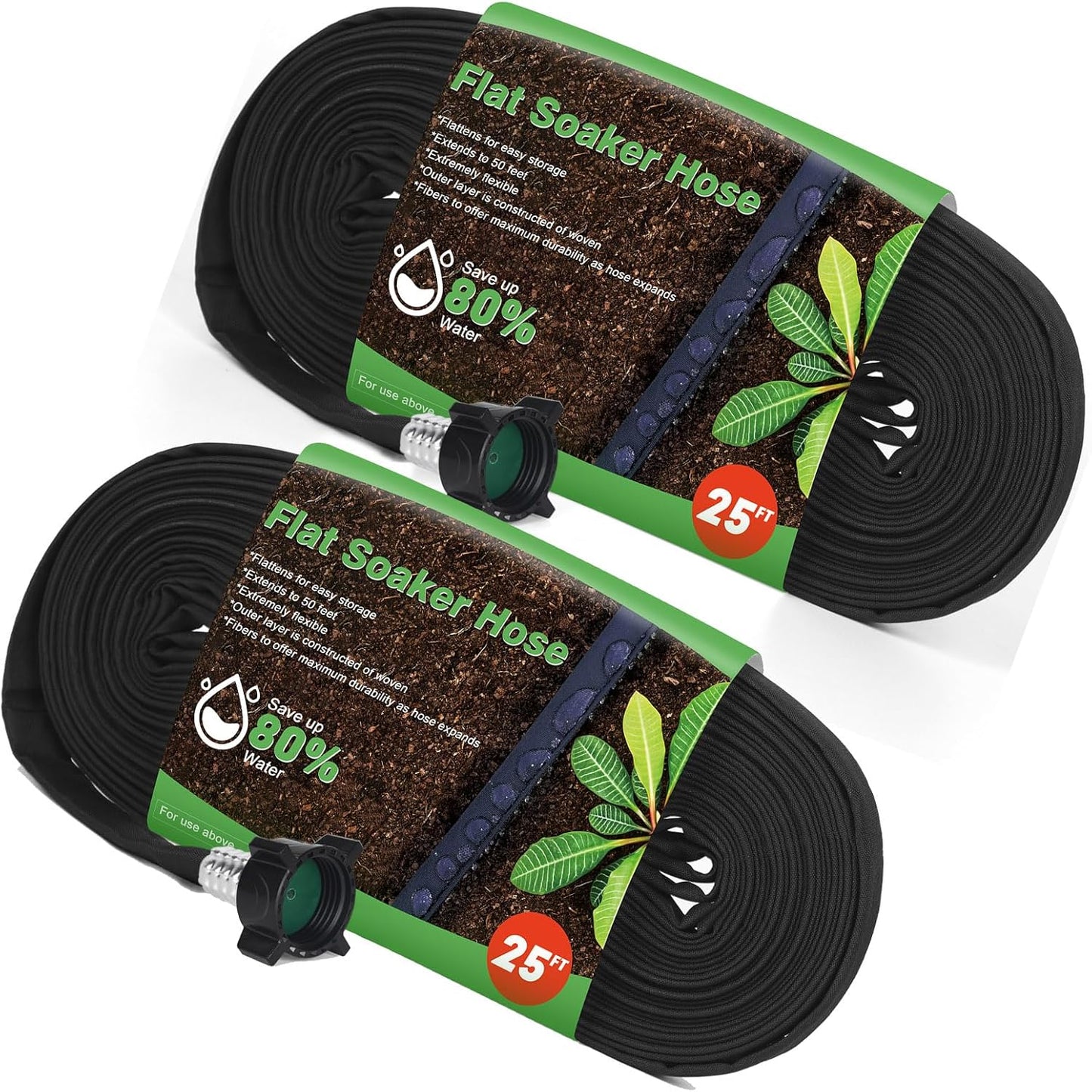 Flat Soaker Hose 50FT (25FT x 2),Drip Hose for Garden Beds Linkable Irrigation System Lightweight and Easy Watering for Tree Plant and Save 80% Water for You(50FT)