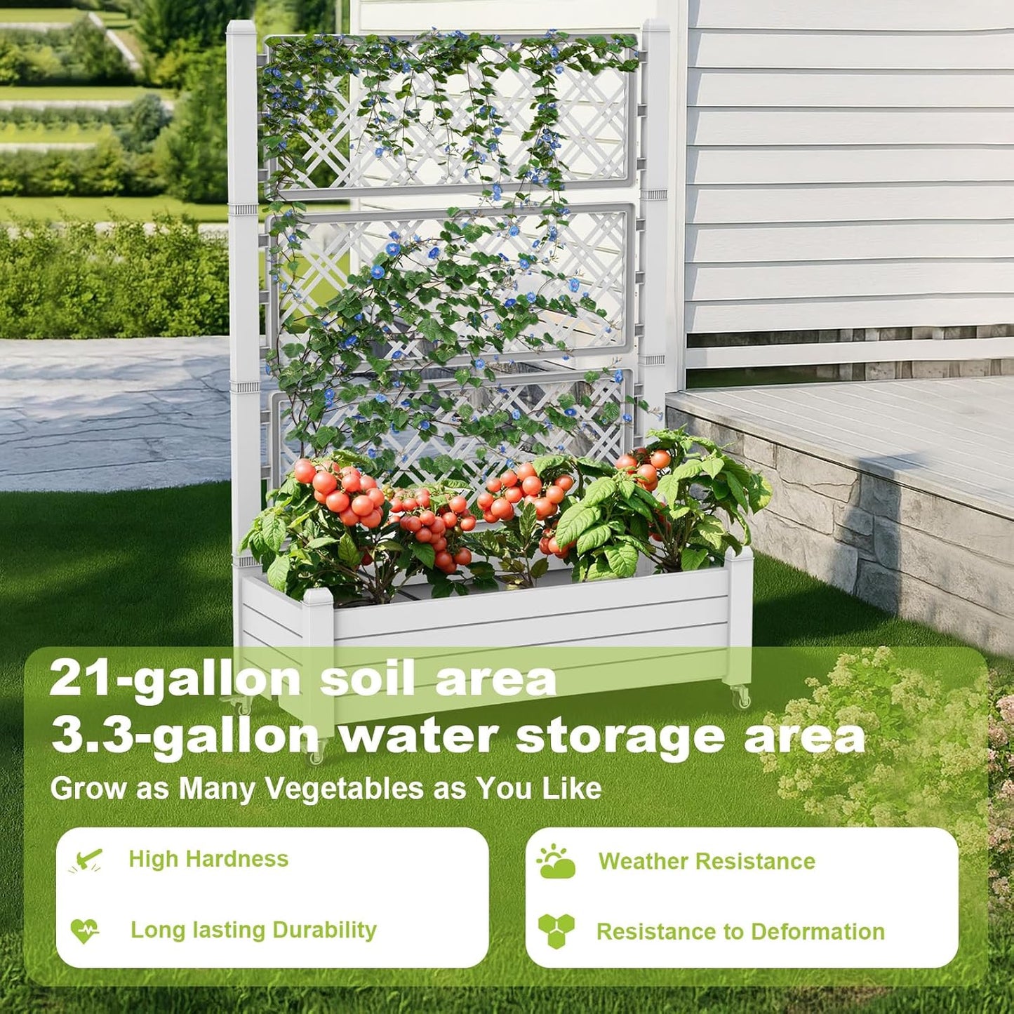 Elevated Raised Garden Bed with Trellis,Outdoor Large Resin Patio Planter Box Stand Divisible with Drain Plug,Water Monitor for Plants Vegetables Flowers Fruits (Ashen, 43.43 * 18.27 * 64.29)