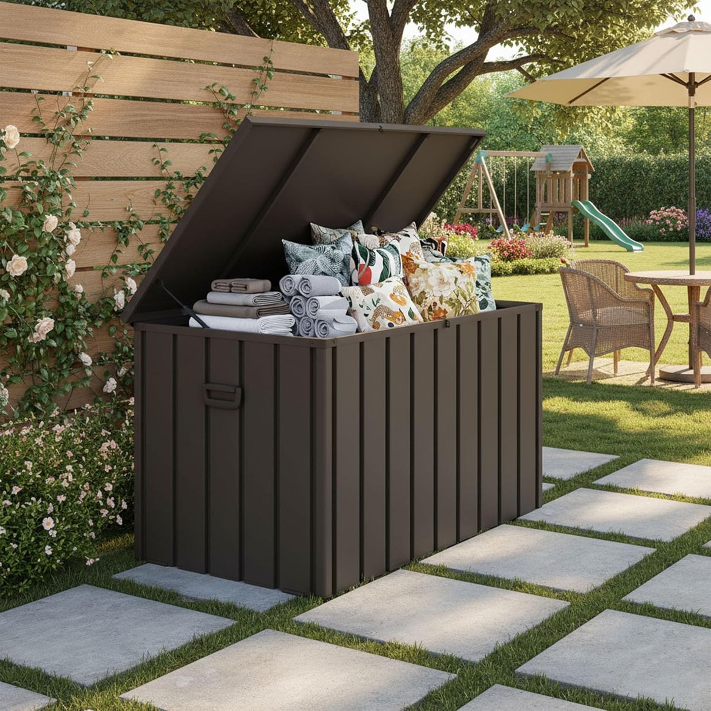 PURPLE LEAF Outdoor Deck Box 160 Gallon Waterproof Lockable Storage Box Container with Lid Deck Organization for Patio Cushions Side Table Pool Accessories Garden Tools, Brown