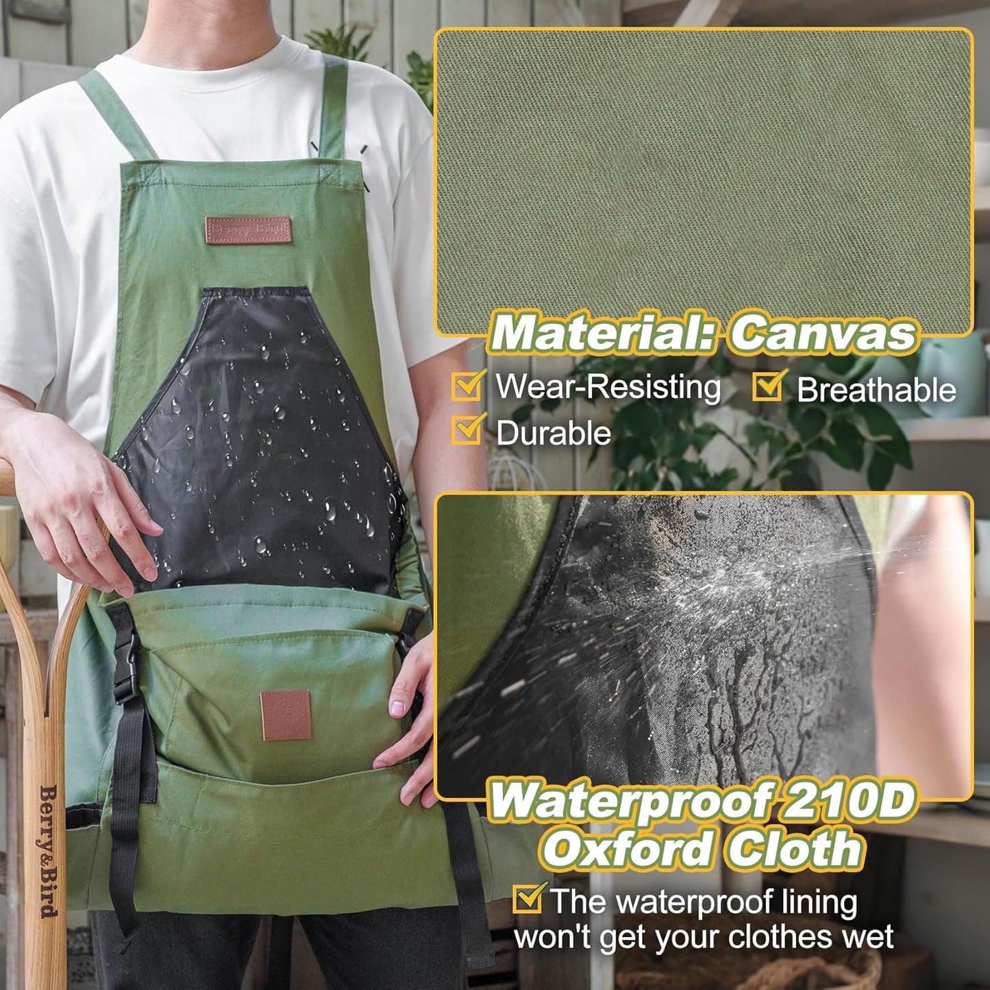 Berry&Bird Harvest Apron, Canvas Gardening Apron with Pockets and Harvesting Pouch Waterproof Harvesting Apron