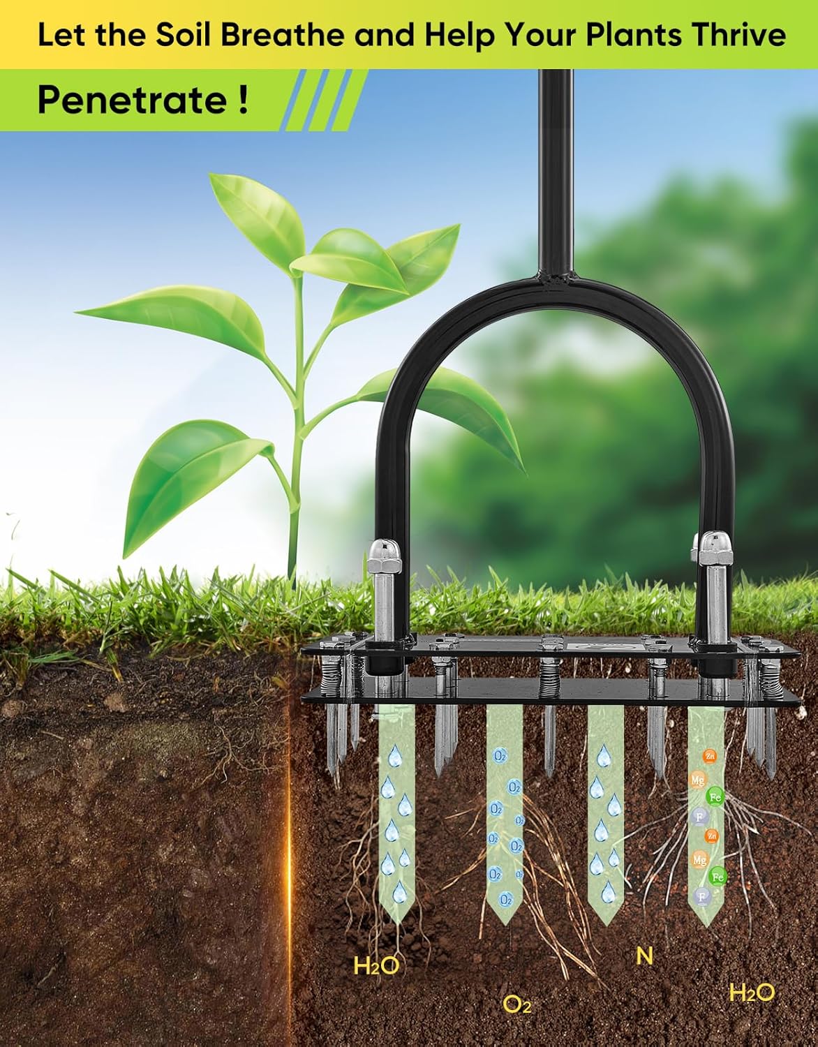 Lawn Aerator Tool, Manual Metal Spike Aerator Lawn Tool with Spring Base, Automatic Leaf and Dirt Cleaning, Grass Aerator for Lawn Care, Soil Loosening, Yard Aerating, Garden Tool