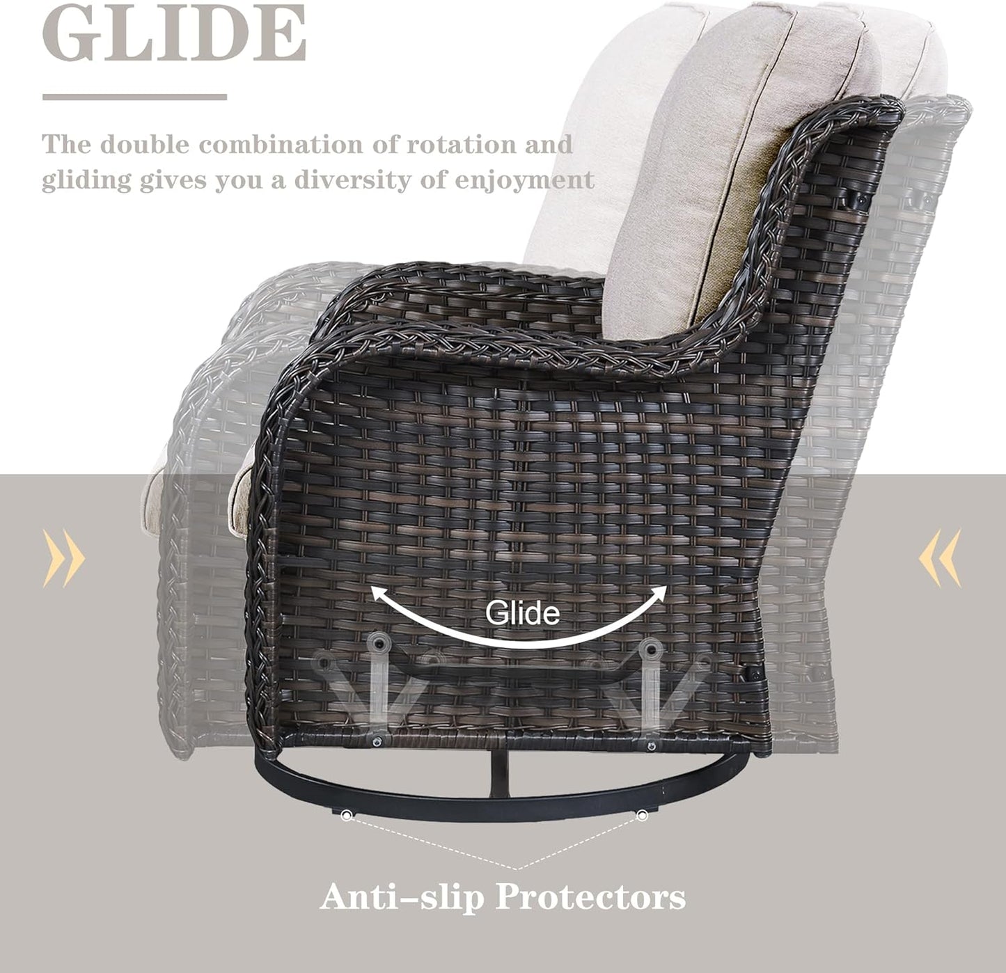 Outdoor Wicker Furniture Patio Set - 7 Piece Backyard Furniture Brown Rattan Conversation Sets with Swivel Rocker Chairs, Rattan Sofa, Club Chairs and Coffee Table, Beige Cushion