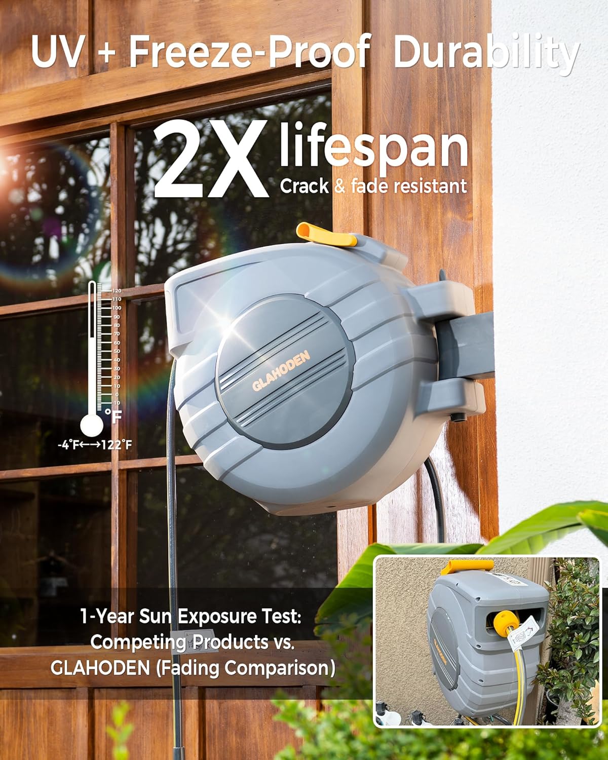 Retractable Garden Hose Reel 5/8 in x 65 ft, 2025 Upgraded Dual Ratchet Lock UV & Freeze Protection Brass Seal Slow Retraction Anti-Tangle Hose 180°Swivel Reinforced Scaffold Wall Mount