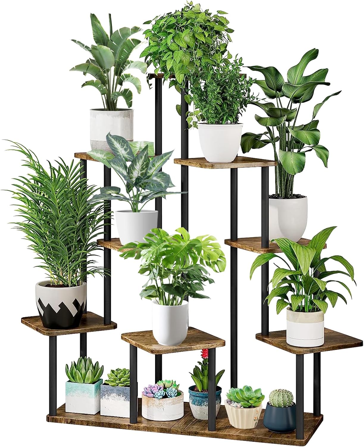 9 Tier Wood Tall Plant Stand Metal Rack Indoor, Multiple Flower Pot Holder Shelves Corner Rack, Planter Shelf Display Rack Storage Organizer for Patio Living Room Balcony Garden(Black)