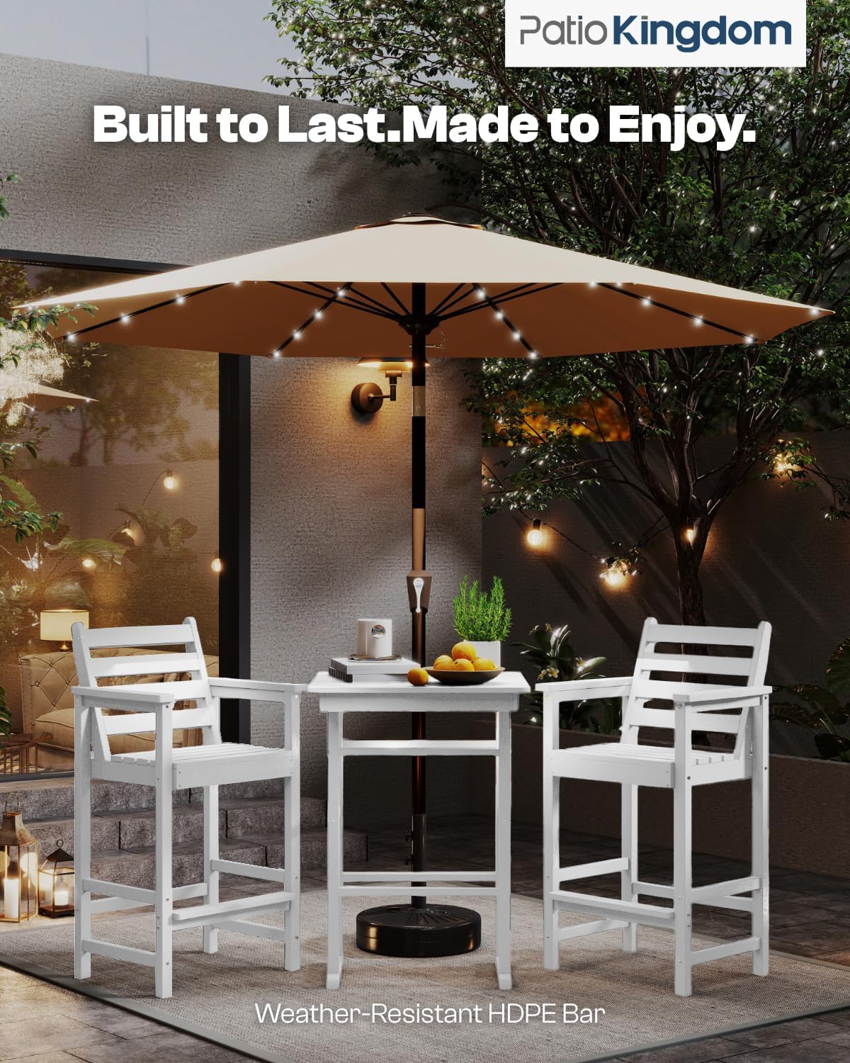 3-Piece Outdoor Bar Set with Beige 9FT Patio Umbrella, HDPE Tall Balcony Adirondack Chairs and Table, All-Weather Outdoor Bar Stools for Patio (White)