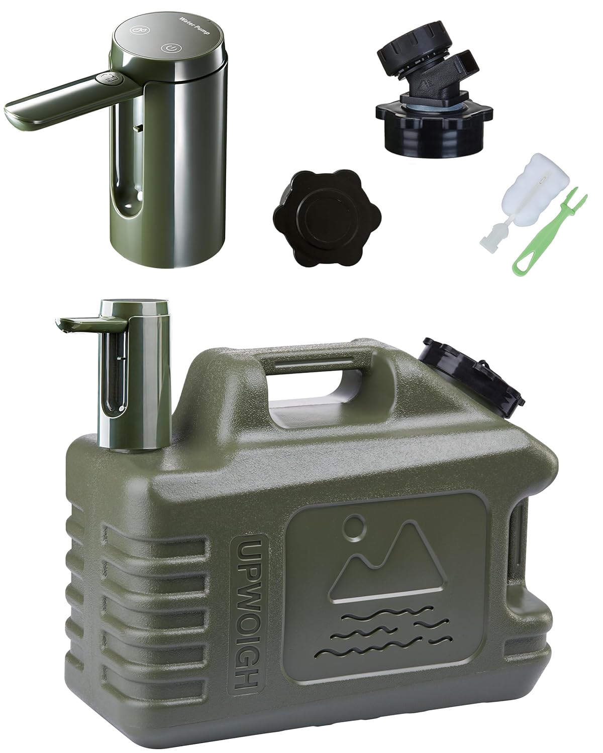 UPWOIGH 5 Gallon Water Jug with Automatic Touch Control Pump (1 Pump Included), Truly Leak-Proof BPA-Free Water Container with Spigot, Type-C Rechargeable Military Green Water Pump for Camping Hiking