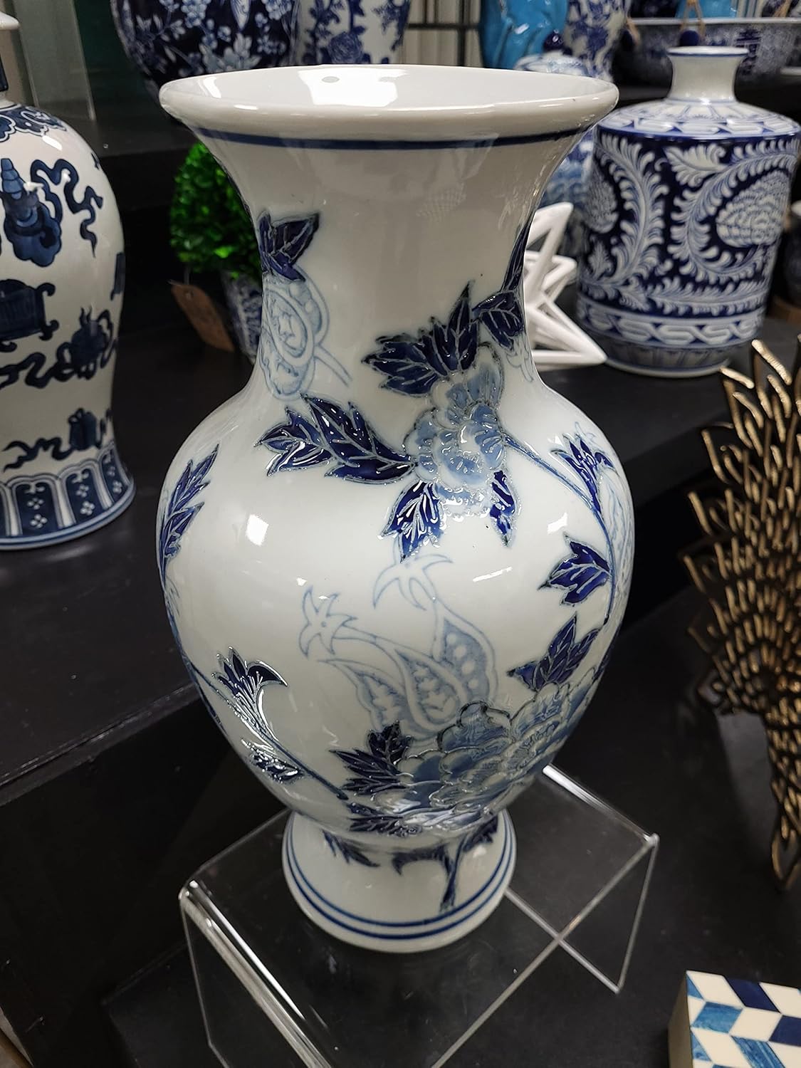 Galt International Blue and White Floral Chinoiserie Ceramic Vase 14" - Hand Painted Antique Style Porcelain Flower Bottle Fishtail Porcelain Chinese Vase for Home Decor Centerpiece