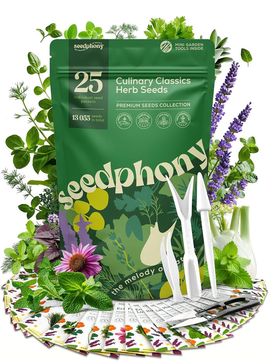 25 Culinary Classic Herb Seeds Variety Pack - 13,055+ Non-GMO Heirloom Herbs Seeds for Planting Indoor & Outdoor: Lavender, Rosemary, Dill, Mint, Catnip, Basil - Gardening Seeds Packets