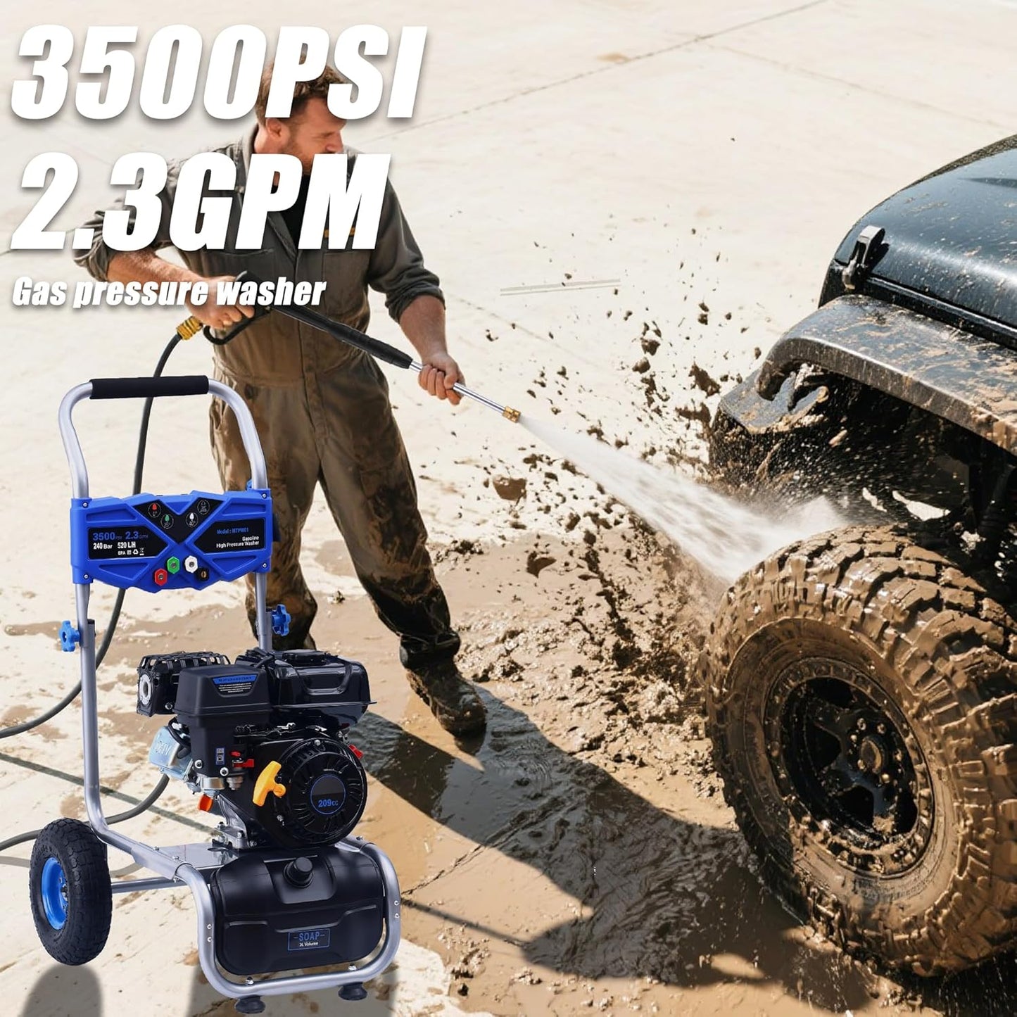 3500PSI Gas Pressure Washer, 2.3GPM Gas Powered High Pressure Washer with 209CC Engine, 4 Adjustable Nozzles, 25 ft High Pressure Hose for Cleaning Walls, Terraces, Vehicles, Garden (Blue)