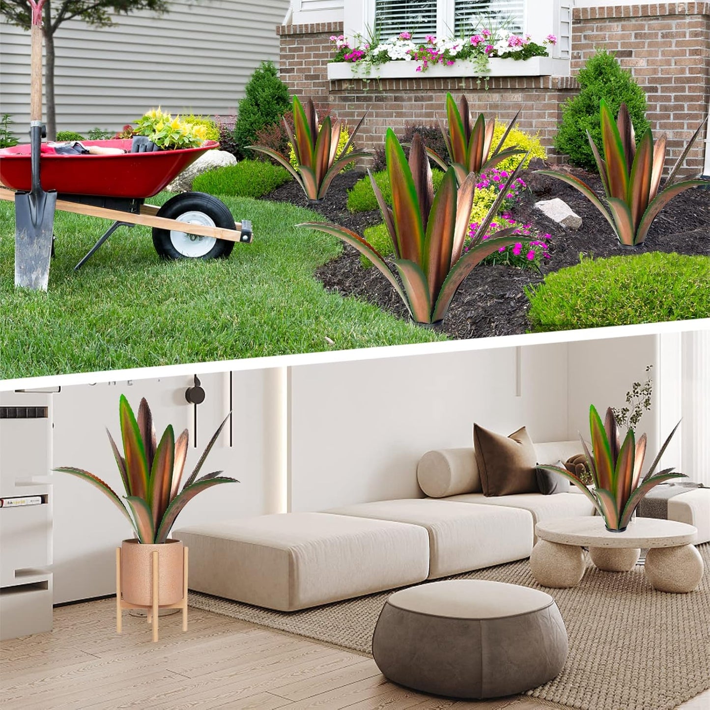 TOMBABY Enlarge thickened Wind Resistant Metal Agave Garden Art Plant Country Sculpture Statue Outdoor decoration Courtyard Lawn Ornament Gift (12 Leaves Green 2 pcs) (TB-410-415)