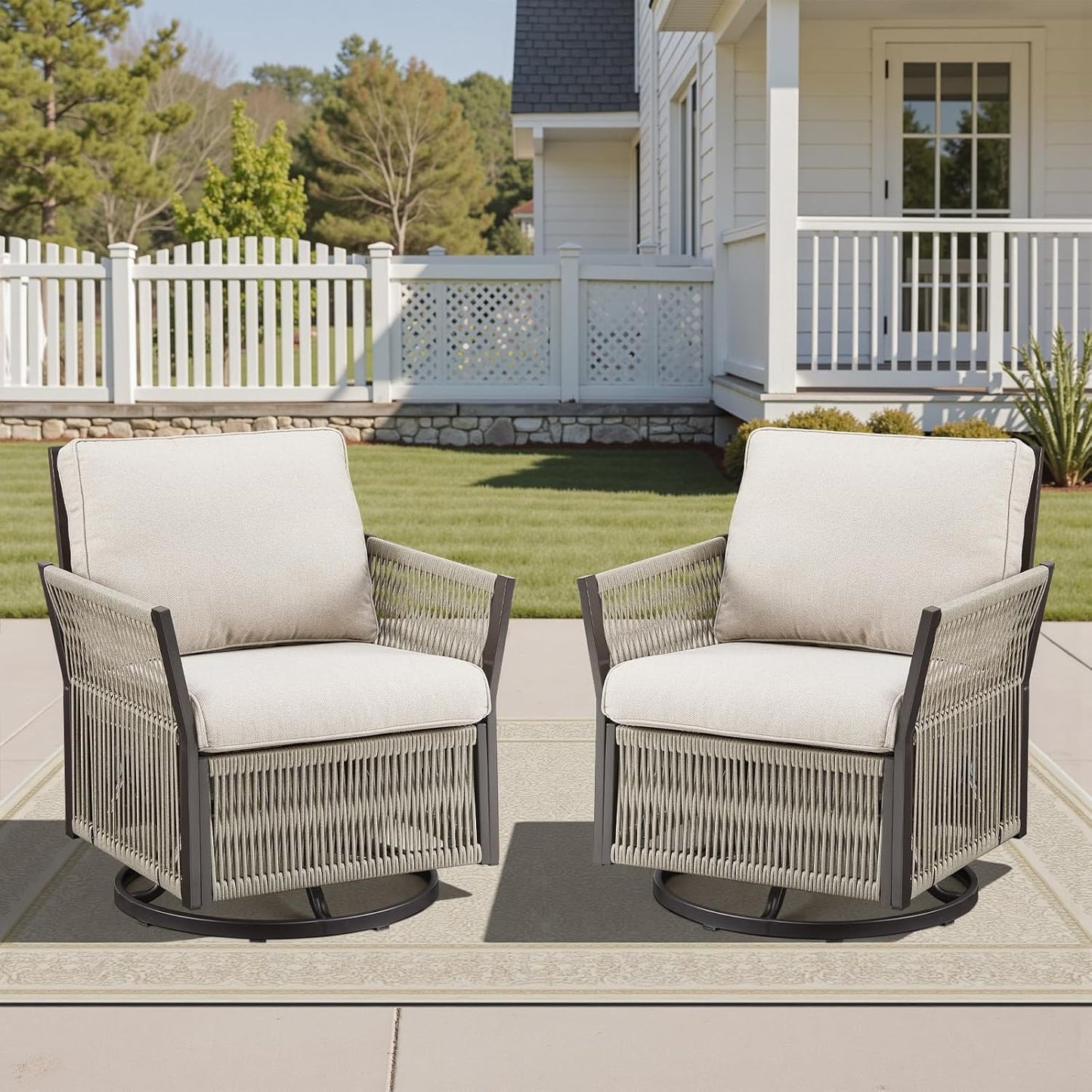 Patio Bistro Swivel Chair Set, 2 Pieces Swivel Wicker Chairs Porch Furniture Sets, All-Weather Rattan Rocking Outdoor Conversation Set for Porch, Deck, Poolside w/Cushion-Beige