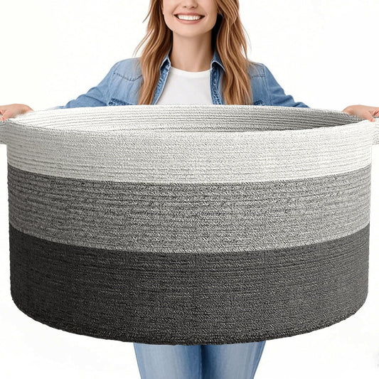 125L Extra Large Blanket Basket, 25" x 16", Jumbo Laundry Woven Baskets Decorative Home, Cotton Rope Basket with Handles, Baby Toy Baskets for Storage, Gradual Gray
