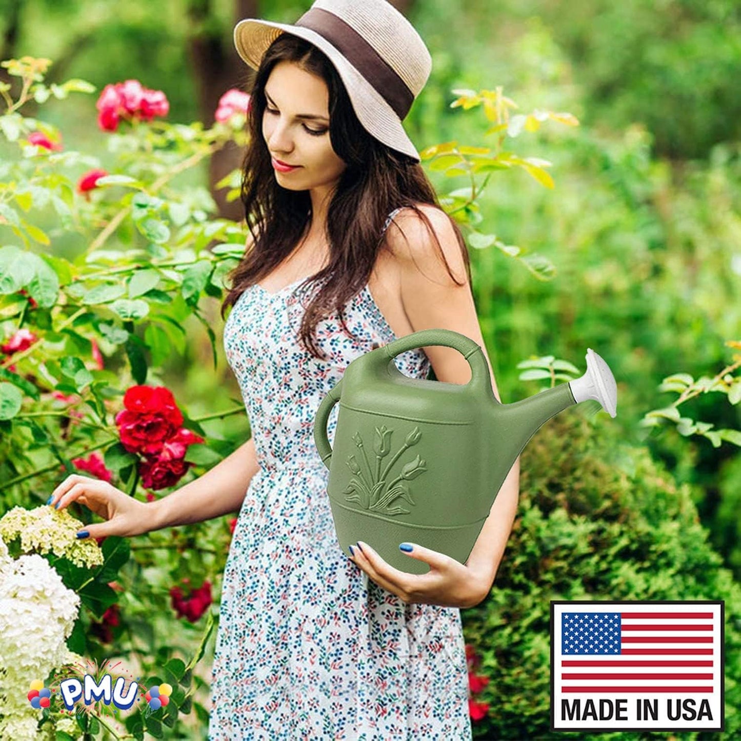PMU 2 Gallon Watering Can - Garden Watering Can for Indoor & Outdoor Plants - Plastic Water Can with Detachable Sprinkler Head - Large Water Pot, Made in USA - Sage Green Pkg/1