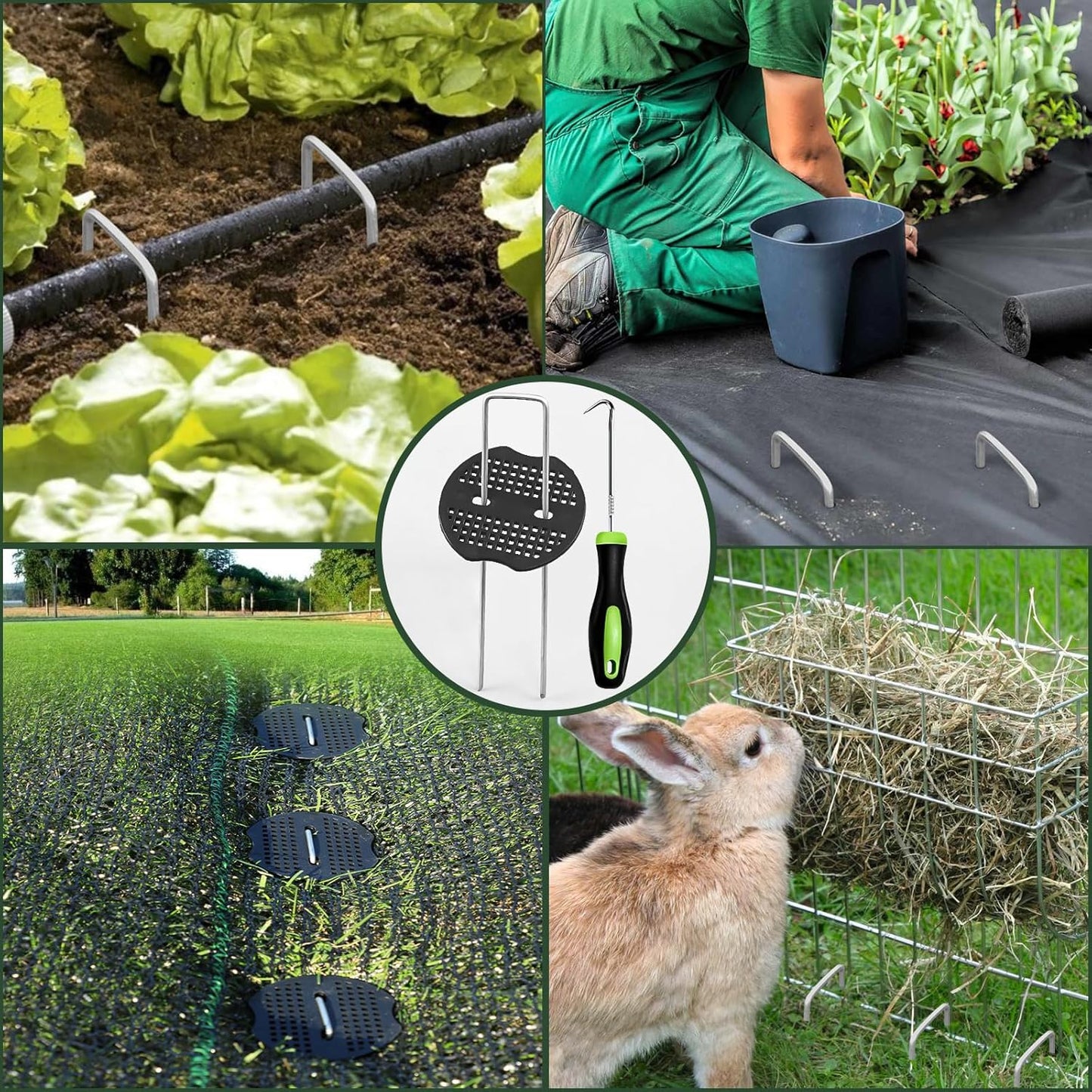 FEED GARDEN 6 Inch 100 Pcs Galvanized Landscape Staples 100 Pcs Gaskets Pick Hook Garden Stakes 11 Gauge Anti-Rust Landscaping Fabric SOD Pins U Shaped Yard Turf Stakes for Weed Barrier Fabric