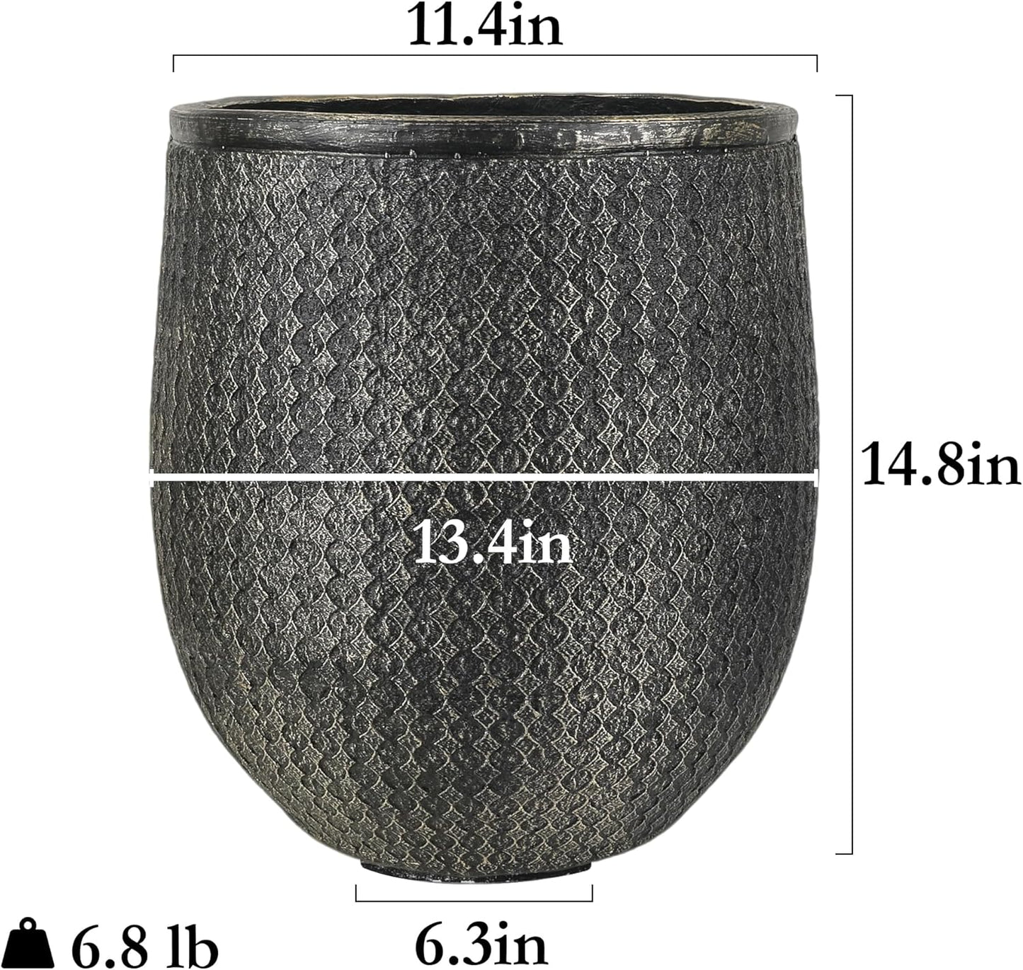 Worth Garden 12" Dia x 15" H Round Planter – Lightweight Magnesium Oxide Cement Plant Pot with Texture – Raised Pattern Concrete Look – Drainage Hole – Indoor & Outdoor Use - Black Gold