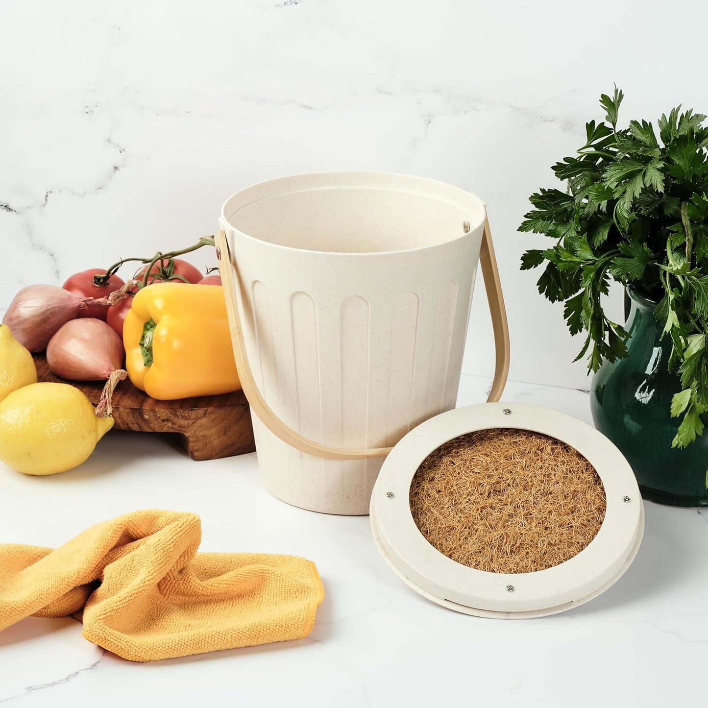 Martha Stewart Indoor Compost Bin | Countertop Composting Bucket for Kitchen | .7 Gallon Capacity | Includes Filter | Plant Based Materials | Linen White