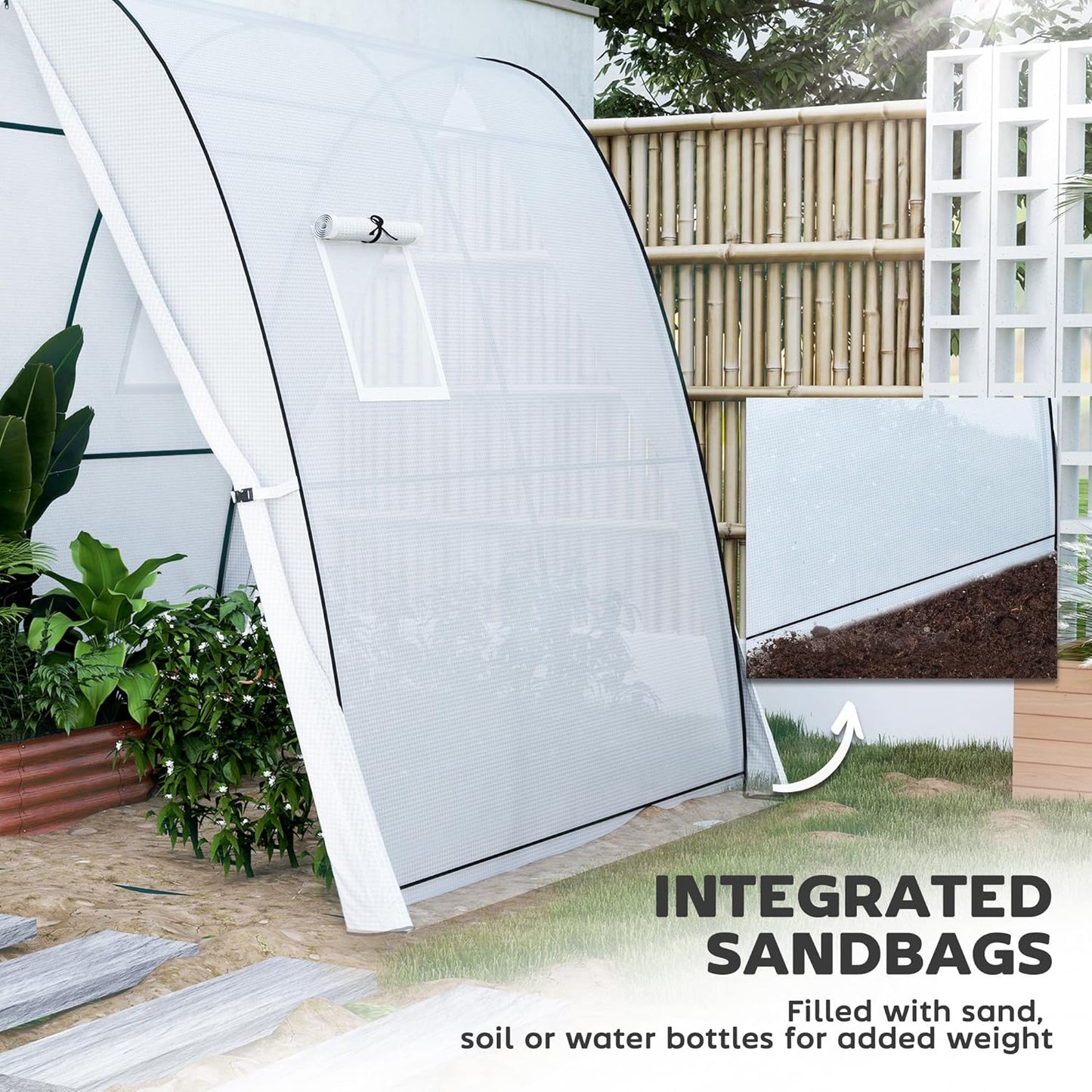 Outsunny 6' x 6' x 6.6' Hoop House Greenhouse with Sandbags and Hemmed PE Cover, Walk-in Tunnel Green House with 2 Doors and Screen Windows, Portable Greenhouse Gardening Plant Hot House, White