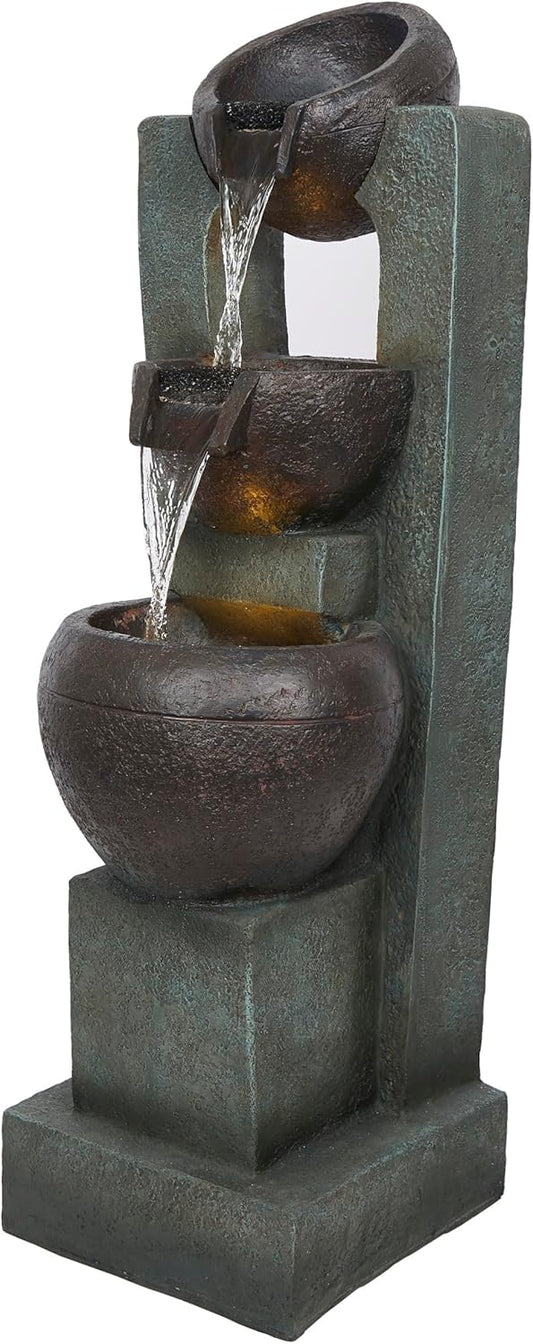 Alpine Corporation TZL400 34" 3 Tier Basin Cascading Fountain with LED Lights, Elegant Outdoor Water Feature for Garden, Patio, Yard & Outdoor Spaces, Relaxing Waterfall Fountain, Gray