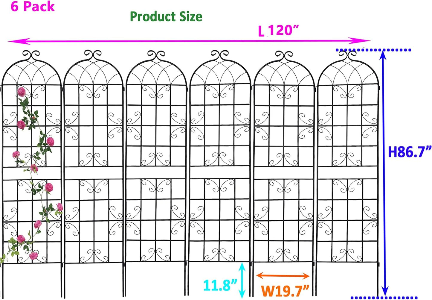 6 Pack Metal Garden Trellis 86.7" H Garden Fence Rustproof Trellis for Climbing Plants Support Roses Flower Outdoor Lawn, Black 7.2FT Tall
