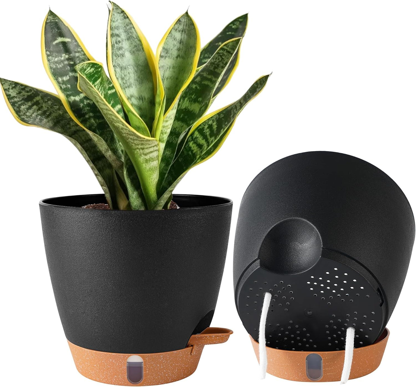 2 Pack 8 Inch Pots for Plants Indoor, Plastic Self Watering Planters with Drainage Holes, Water Level Indicator & Deep Reservoir, Decorative Flower Pots Indoor Outdoor Use (Black