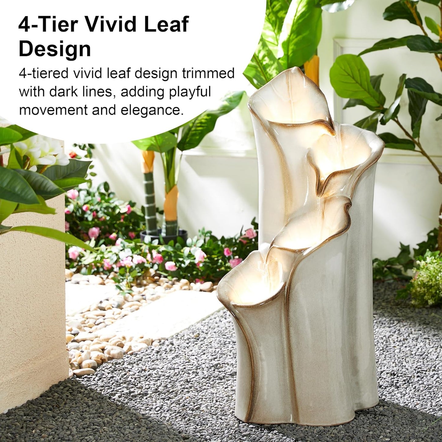 Glitzhome 31.25" H Outdoor Water Fountain with LED Lights and Pump, 4 Tier Sand Beige Lotus Leaf Textured Ceramic Floor Standing Fountain, Vase Waterfall Fountains for Porch Deck Garden Patio Backyard