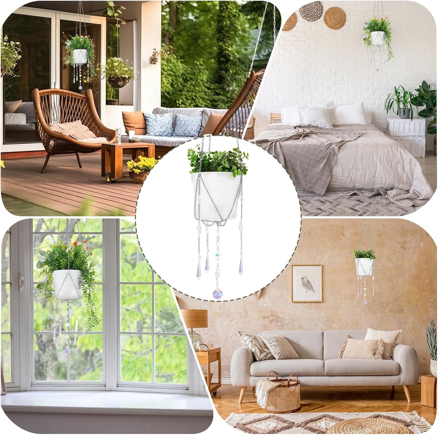 Chunful 3 Pack Sun Catcher Plant Hanger with Beads and Glass Crystal Beaded Plant Hanger Sun Catchers Kit Hanging Basket Accessories for Indoor Home Rainbow Decor, Pots Not Included (Silver)