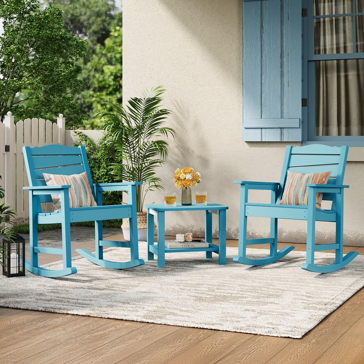 3-Piece Patio Rocking Chairs Set, Weatherproof HIPS Outdoor Rocking Chair for Adults, 400LBS Support Rocking Chairs with Table for Garden, Porch, Backyard and Indoor, Lake Blue