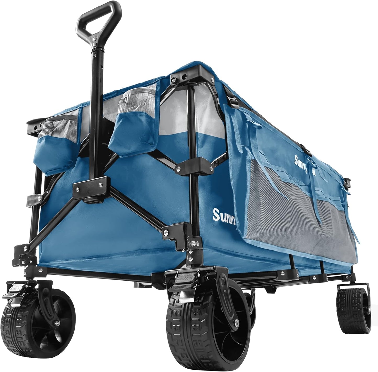 SUNNYFEEL 49''L 550lbs Heavy Duty Wagon Cart Foldable with Wheels,Extra Long Fold Up Wagons Carts with Side Pocket and Brakes for Camping Sports Garden Shopping (Blue)