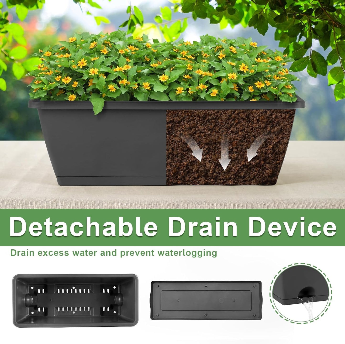 HAITRAL Hanging Planters for Outdoor Plants,Deck Railing Planter Boxes Countryside Style Window Boxes Planters, Balcony Flower Pots Plastic Railing Planter with Metal Brackets for Fence,Black 6 Pcs