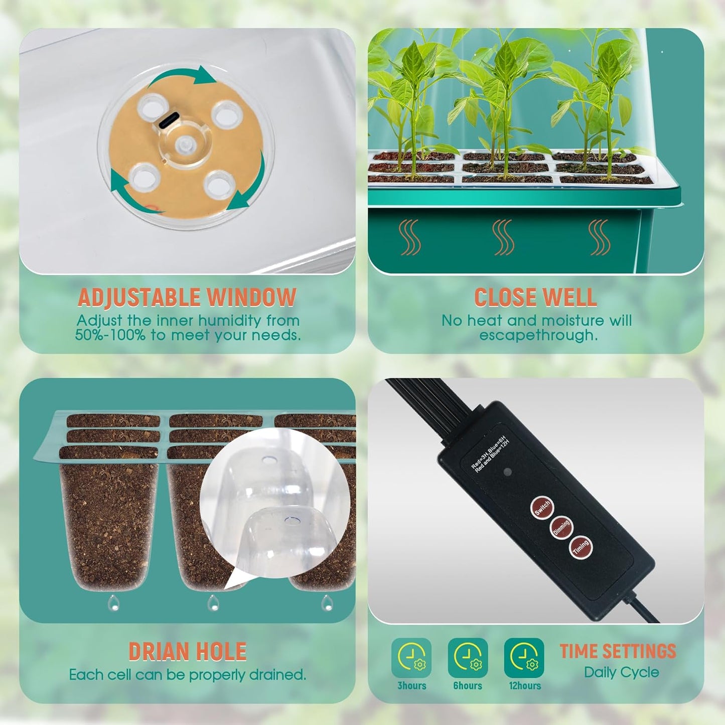 6-Set Seed Starter Tray with Grow Light, Seed Starting Trays Kits with Timing Controller Adjustable Humidity Domes Heightened Lids(12-Cells Per Tray)