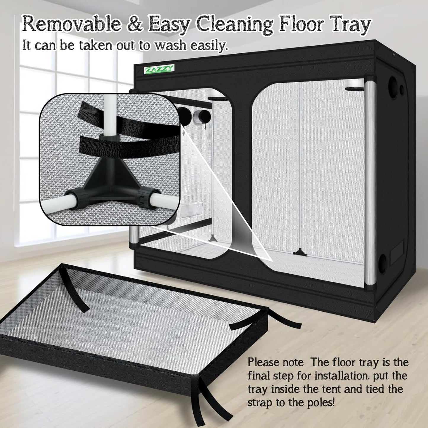 zazzy Grow Tent, 96“x48 x78 Plant Growing Tents 600D Mylar Hydroponic Indoor Grow Tent with Window, Kit Bag & Floor Tray 8x4 Growing Tent
