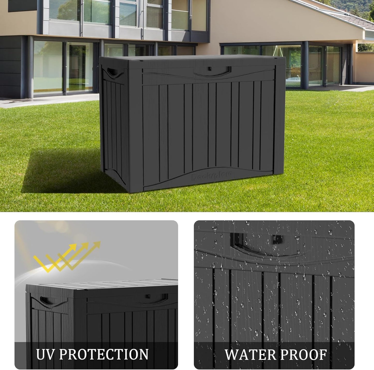 50 Gallon Plus Outdoor Storage Box, Waterproof Resin Deck Box for Patio, Pool, and Garden, Lockable Bin for Cushions, Tools, and Accessories, UV-Resistant, Black